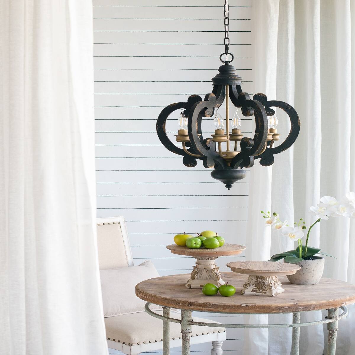 Angle. Loheer - Loheer Six Light French Country Wood Chandelier with Adjustable Chain for Kitchen or Foyer.