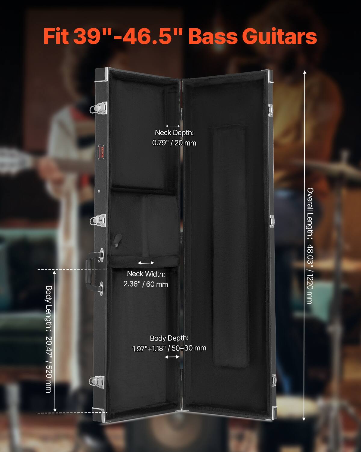 Fit 39"-46.5" Bass Guitars

Neck Depth: 0.79" / 20 mm

Neck Width: 2.36" / 60 mm

Body Length: 20.47" / 520 mm

Body Depth: 1.97" + 1.18" / 50 + 30 mm

Overall Length: 48.03" / 1220 mm