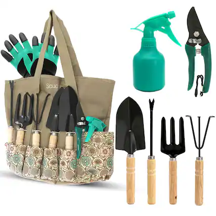 Front. Pyle - Scuddles All-in-One Gardening Tool Set with Large Storage Tote – Durable, Rust-Resistant Hand Tools with Ergonomic Grip.