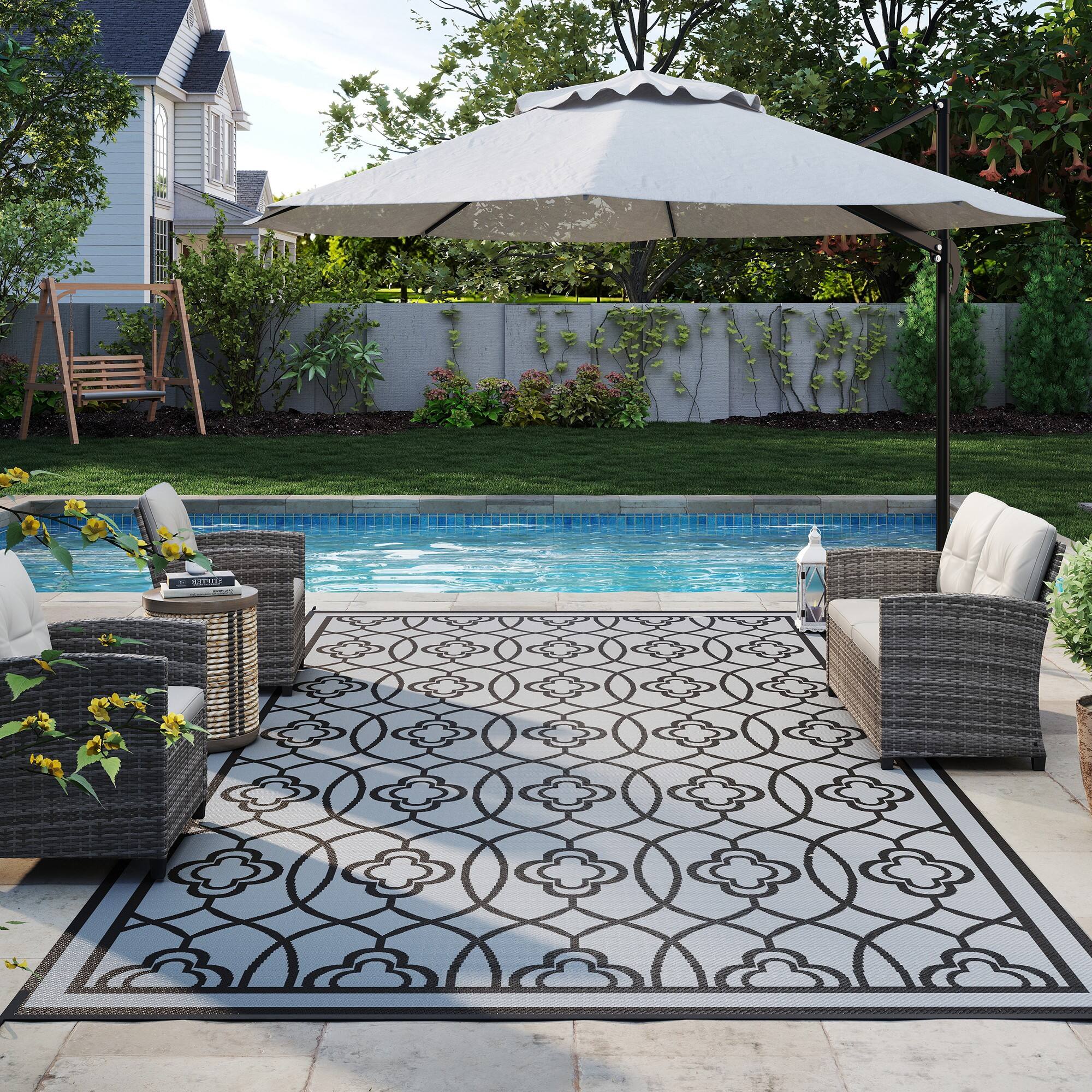 Alt View 8. Outsunny - Outdoor Rug for Patio, 9' x 18' Waterproof Large Mat, Reversible Plastic Straw Rug for Décor - Black and Gray Lantern.