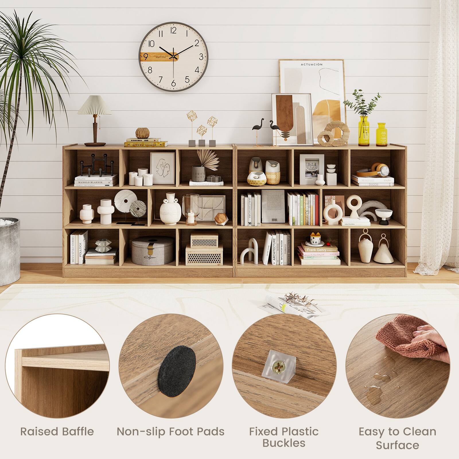 The image features a wooden bookshelf with a clock on top of it. The bookshelf is filled with various items, including books, vases, and a potted plant. The clock is positioned in the upper left corner of the bookshelf. The bookshelf is a part of a room that also includes a table and a chair. The room appears to be well-organized and inviting, with the bookshelf serving as a focal point.