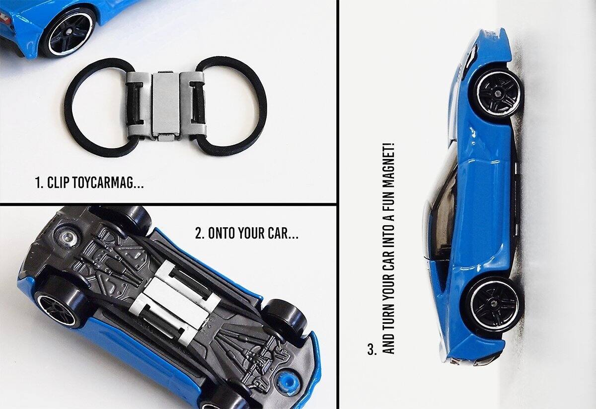 1. CLIP TOYCAR MAG...
2. ONTO YOUR CAR...
3. AND TURN YOUR CAR INTO A FUN MAGNET!