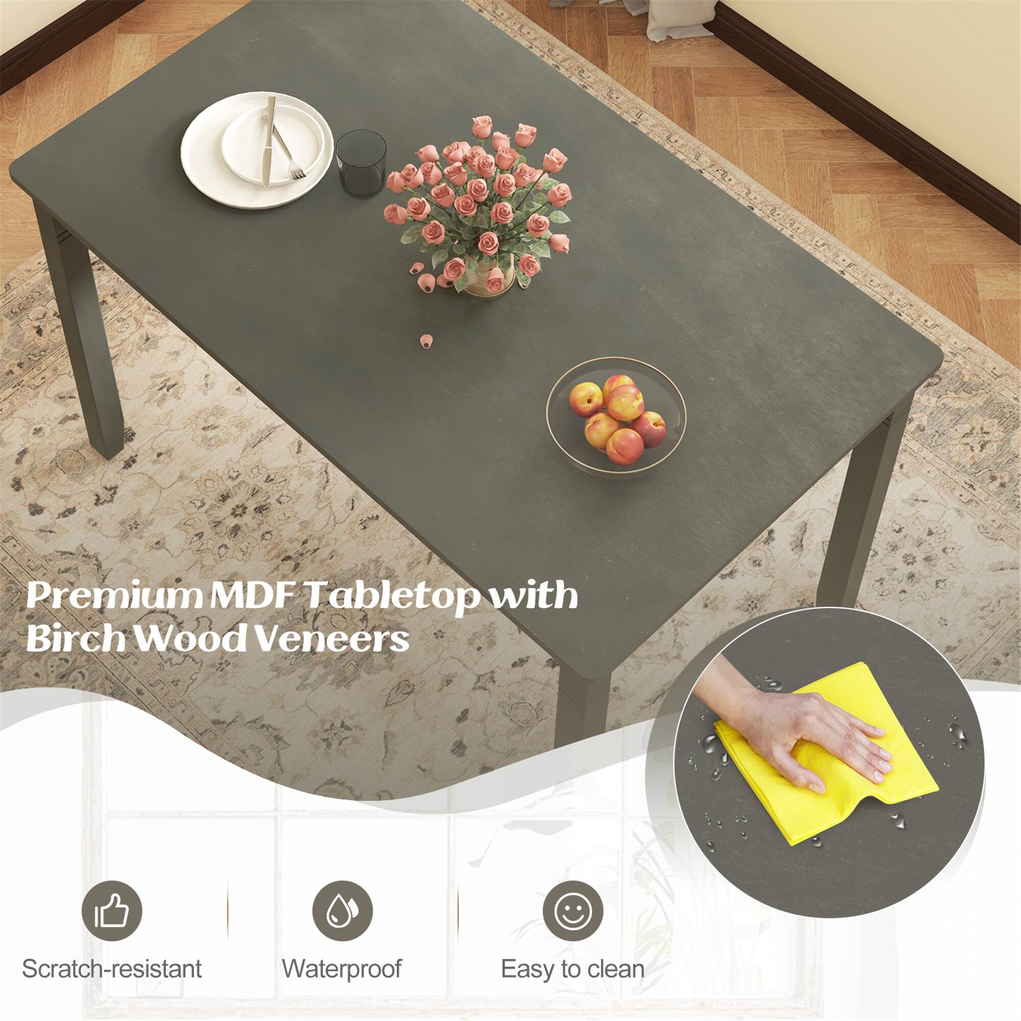 Premium MDF Tabletop with Birch Wood Veneers

- Scratch-resistant
- Waterproof
- Easy to clean