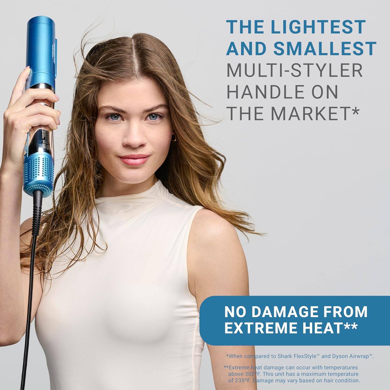 THE LIGHTEST AND SMALLEST MULTI-STYLER HANDLE ON THE MARKET*  
NO DAMAGE FROM EXTREME HEAT**  

*When compared to Shark FlexStyle" and Dyson Airwrap".  
**Extreme heat damage can occur with temperatures above 302°F. This unit has a maximum temperature of 235°F. Damage may vary based on hair condition.