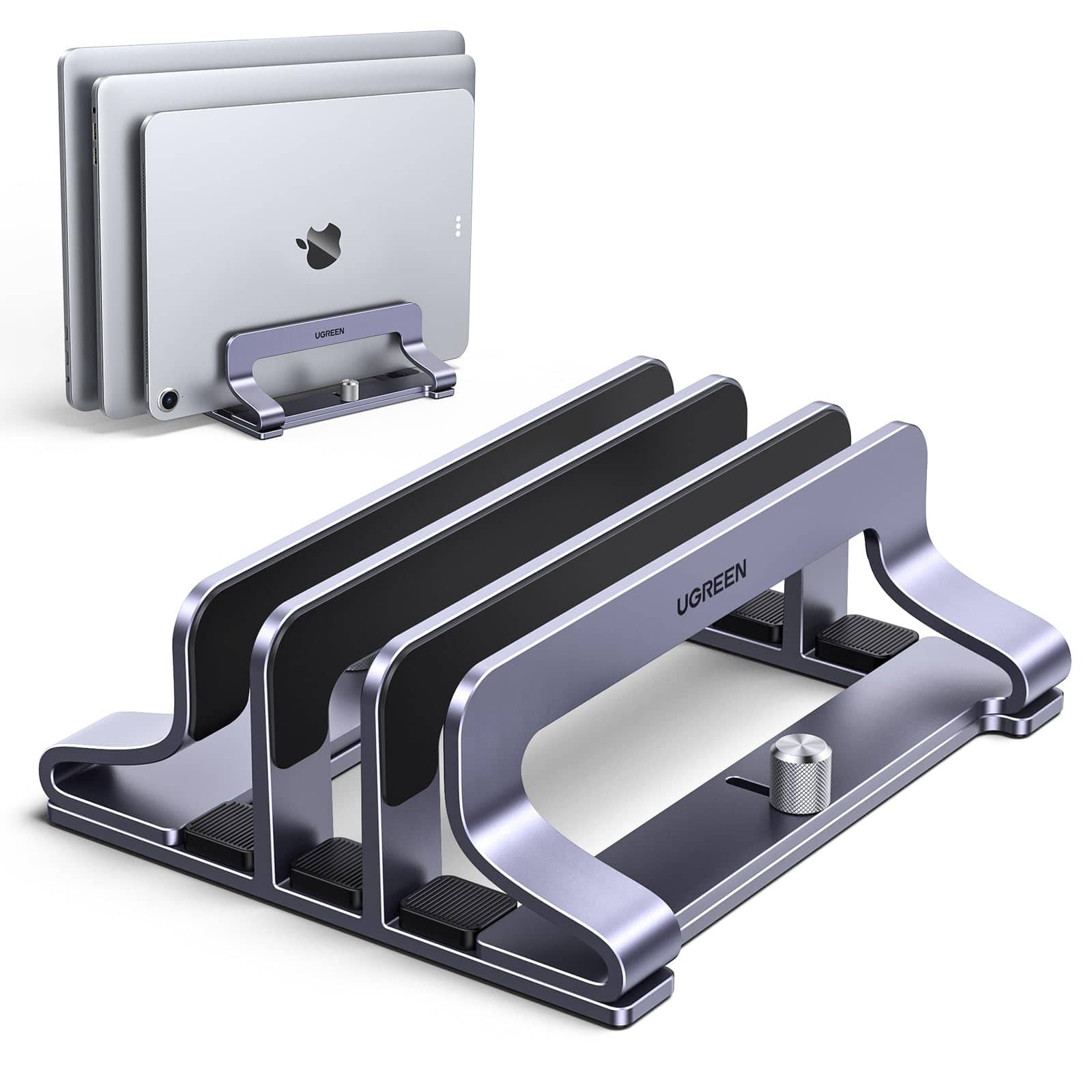HongFei - 3-Slot Vertical Laptop Stand Holder Desk Compatible with MacBook Pro Air, Lenovo Ideapad, Surface Book, HP Notebook - Space Gray