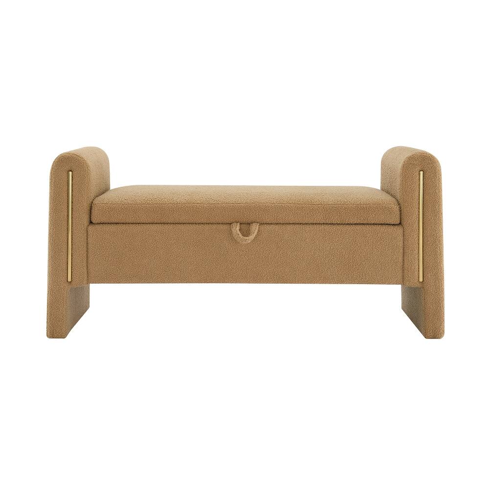 Back. Ropilly - Modern Teddy Bed End Bench with Storage, Upholstered Foot Rest Stool, Comfy Window Vanity Bench with Arms - Coffee.