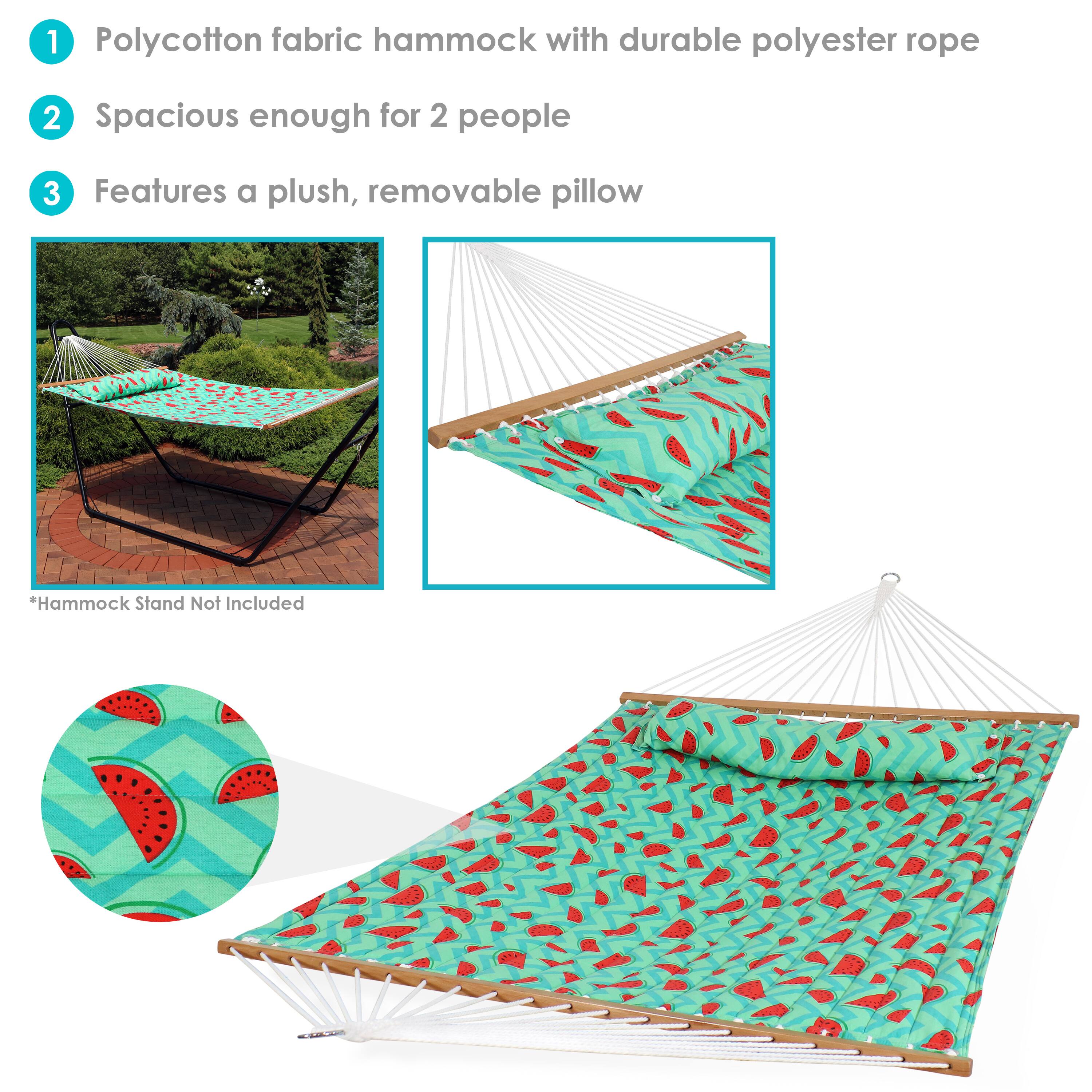 1. Polycotton fabric hammock with durable polyester rope  
2. Spacious enough for 2 people  
3. Features a plush, removable pillow  

*Hammock Stand Not Included