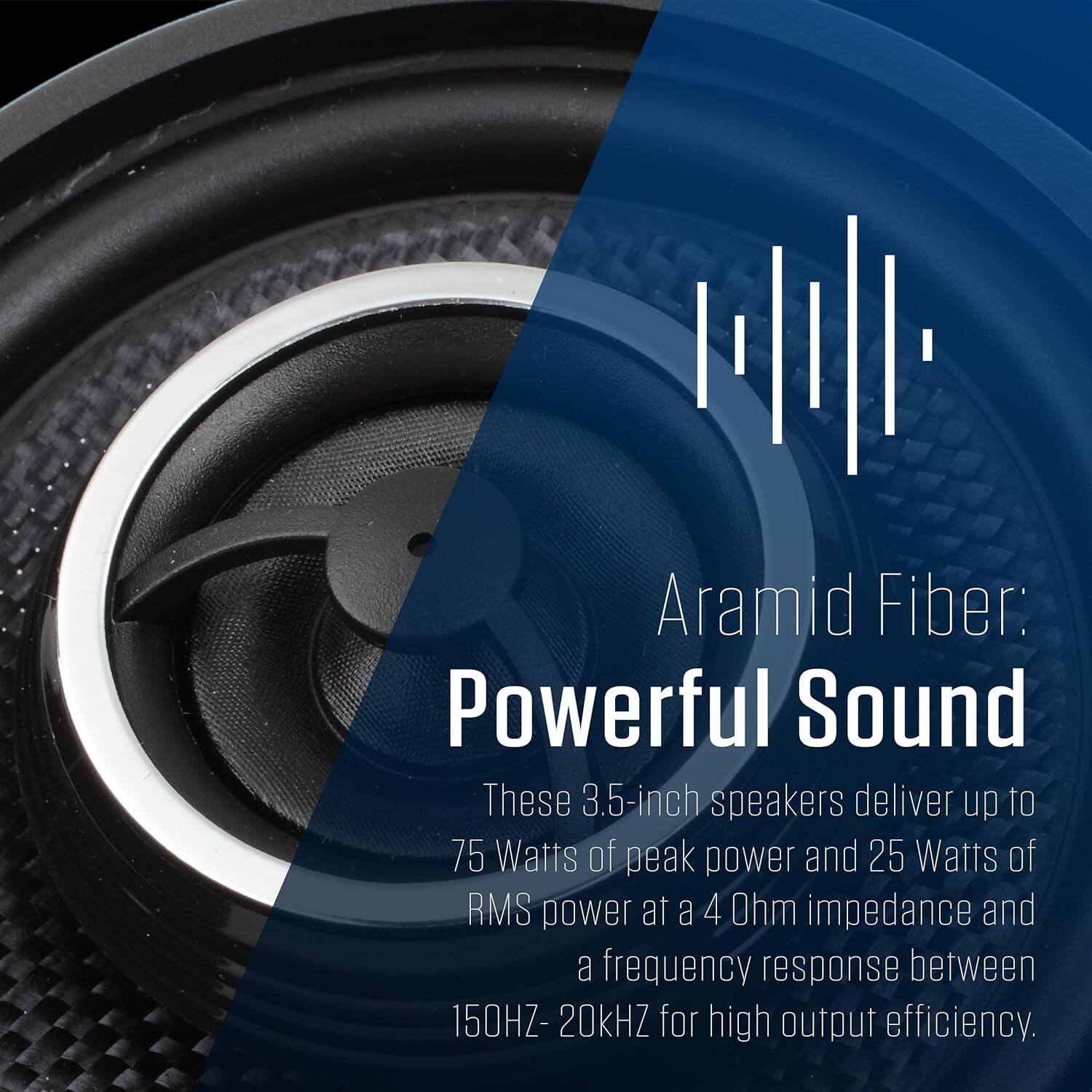 Aramid Fiber: Powerful Sound

These 3.5-inch speakers deliver up to 75 Watts of peak power and 25 Watts of RMS power at a 4 Ohm impedance and a frequency response between 150HZ-20kHZ for high output efficiency.
