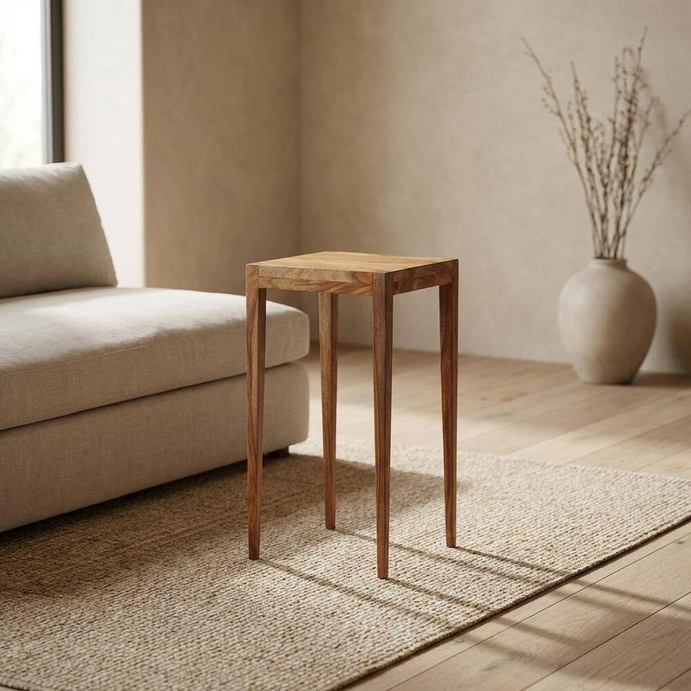 Left. Starlight Canyon Home - Distressed Wood Scatter Table, Mid-Century Modern Side Table - Light Brown.