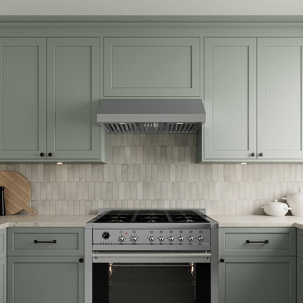 Left. Streamline - 30 in. Loculi Ducted Undermount 406 CFM Range Hood, Baffle Filters, Push Button Control, LED Lights - Brushed Stainless Steel.