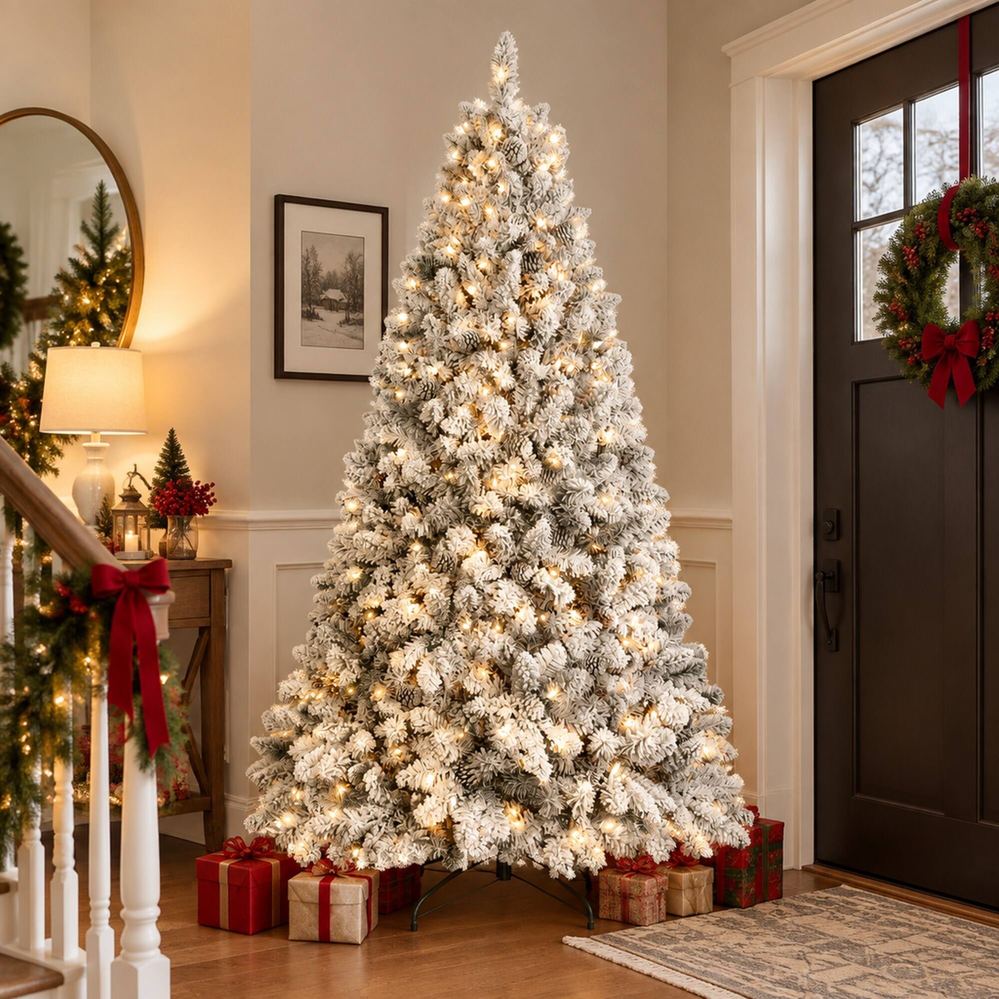 Alt View 1. RYHNUYNE - 9FT Flocked Pre-Lit Christmas Tree With 750 Lights and 63 Pine Cones, 2095 Snowy Tips and Metal Stand - Green,White.