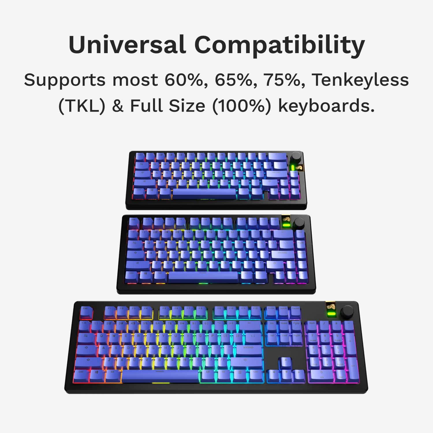 Universal Compatibility: Supports most 60%, 65%, 75%, Tenkeyless (TKL) & Full Size (100%) keyboards.