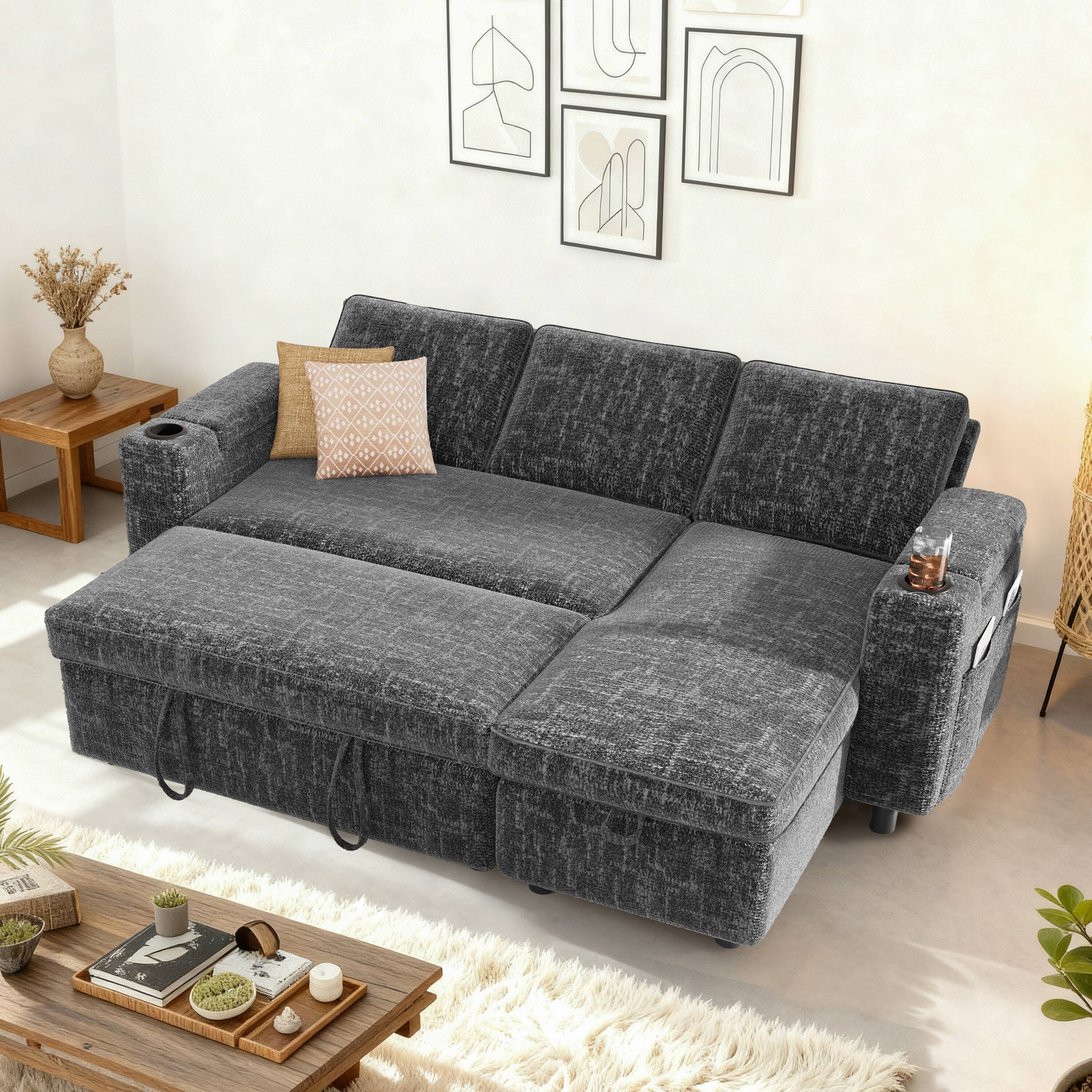 Angle. Dyonery - 82" Grey Chenille L Shaped Sectional Sleeper Sofa Bed with Pull Out Bed,Reclining Backrest,Reversible Storage Chaise - Gray.