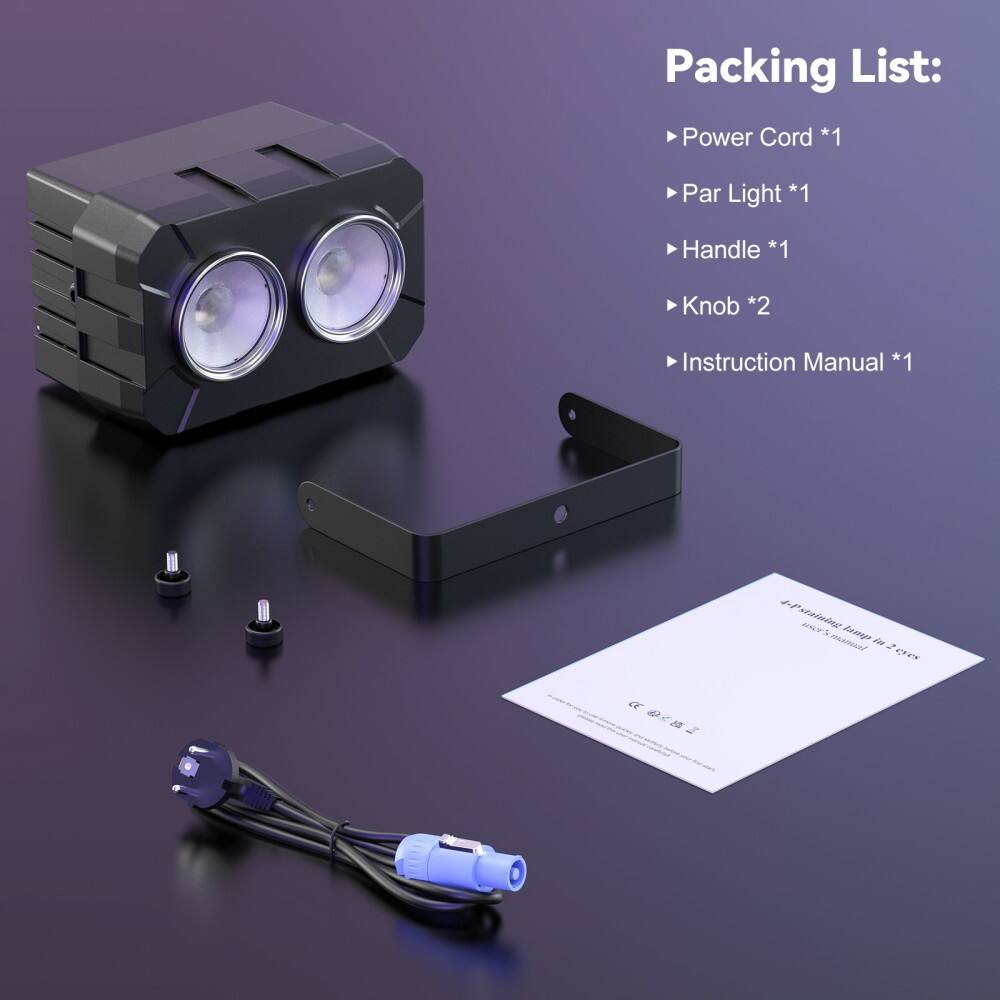 Packing List:
- Power Cord *1
- Par Light *1
- Handle *1
- Knob *2
- Instruction Manual *1