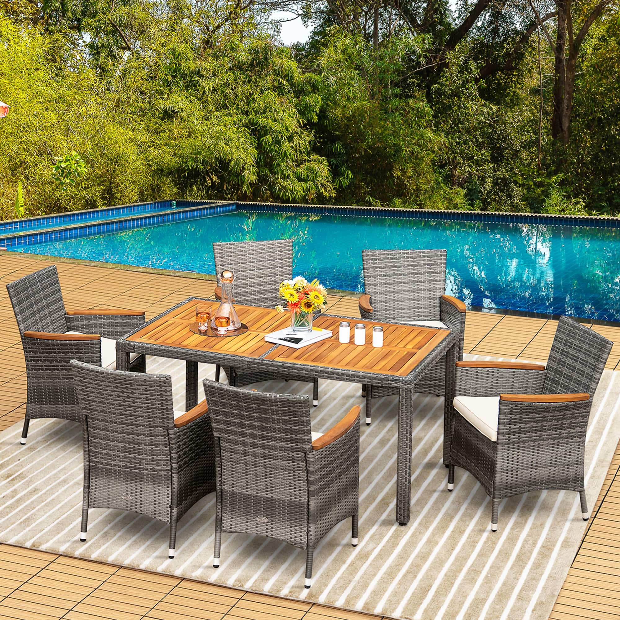 Alt View 1. Costway - 7PCS Patio Rattan Dining Set Acacia Wood Table Cushioned Chair - Gray, Natural.