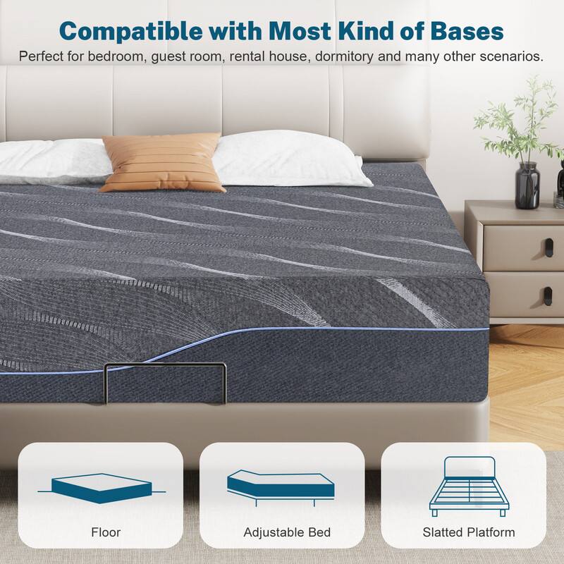 Vipbear - 12 Inch Grey Gel Memory Foam Mattress, Deep Sleep Firm Mattresses for Back Pain - Gray