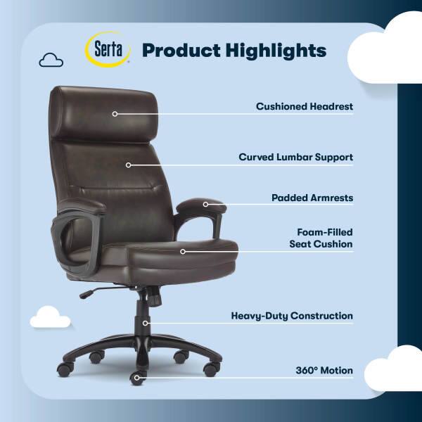 Serta Product Highlights  
- Cushioned Headrest  
- Curved Lumbar Support  
- Padded Armrests  
- Foam-Filled Seat Cushion  
- Heavy-Duty Construction  
- 360° Motion