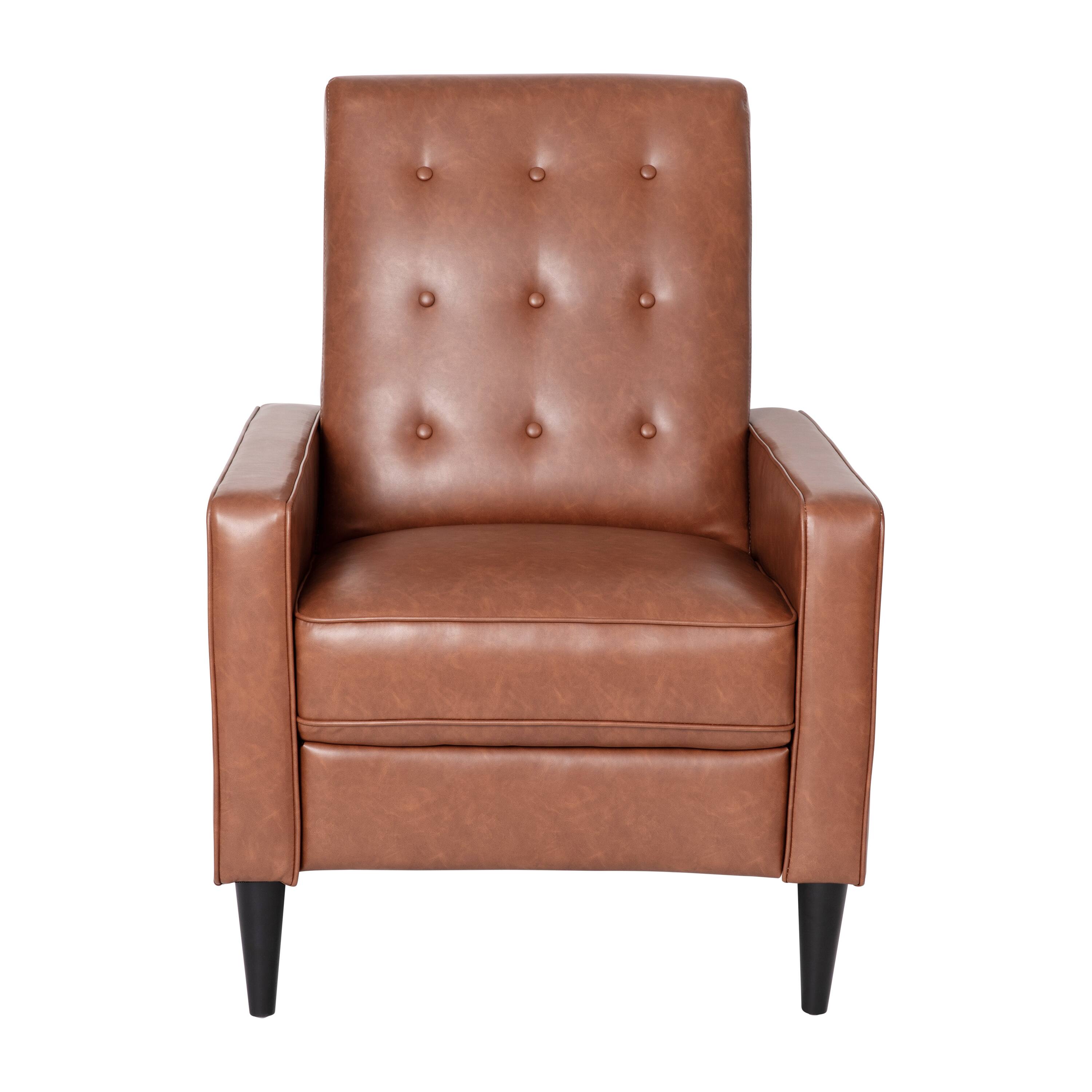 Alt View 7. Emma + Oliver - Jules Mid-Century Modern Button Tufted Upholstered Easy Pushback Recliner with Wooden Legs - Cognac Brown.