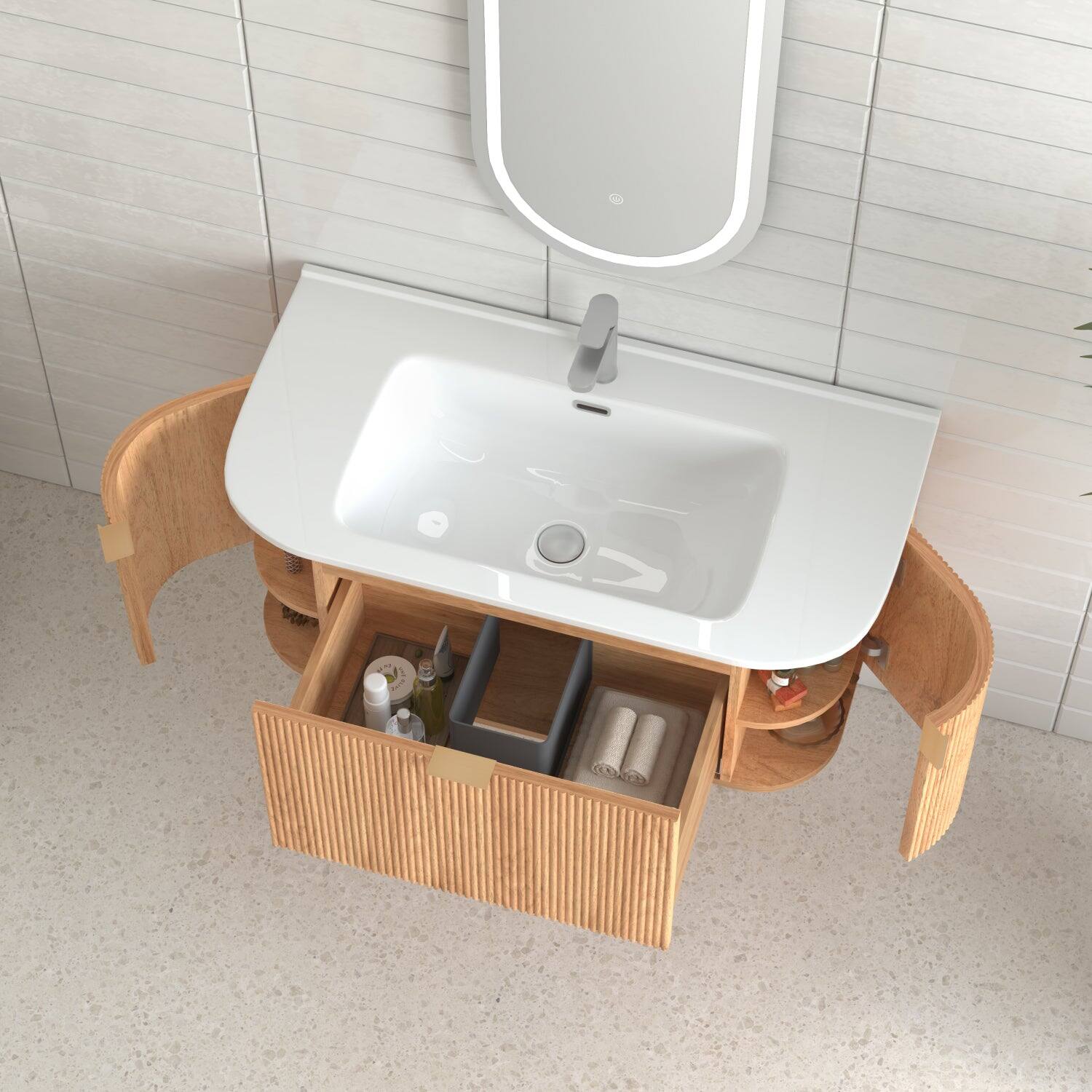 Alt View 7. Boyel Living - 36 in Wall-Mounted Bathroom Vanity with 2 Side Drawers Ceramic Basin Pre-Assembled Walnut Finish - Natural Walnut.