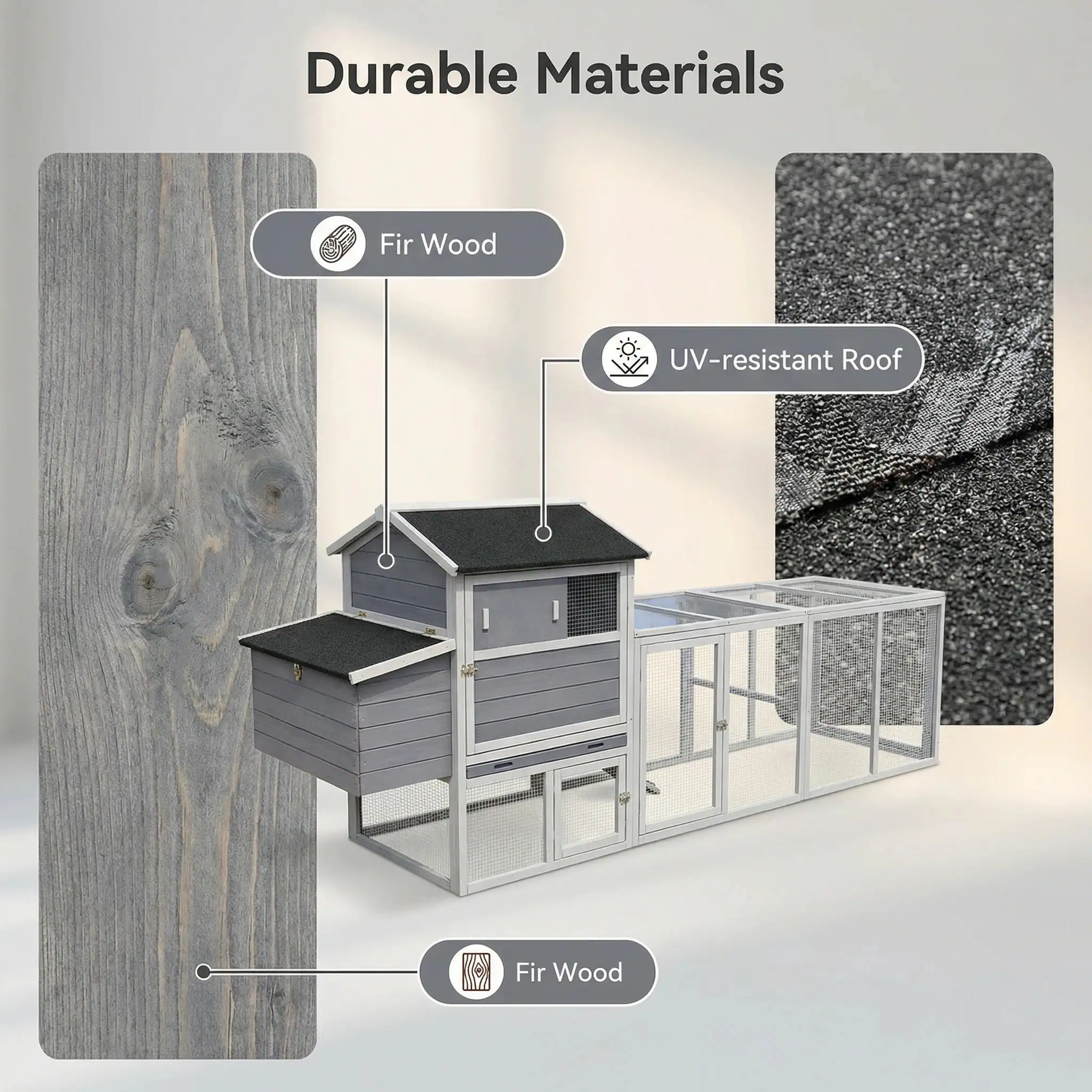 Durable Materials  
Fir Wood  
UV-resistant Roof  
Fir Wood