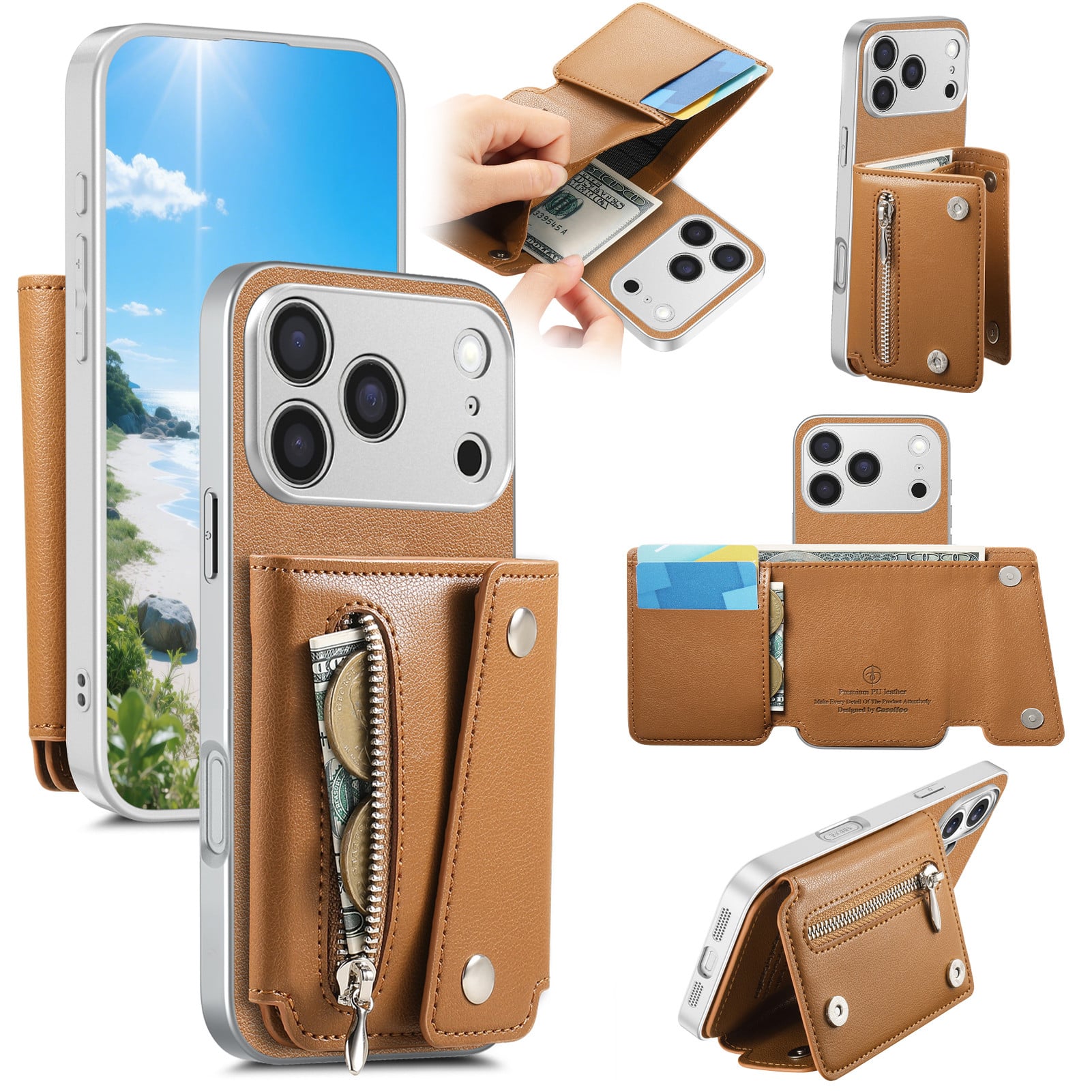 Dteck - PU Leather Wallet Case for Apple iPhone 17 Pro, Shockproof Kickstand Phone Cover with Card Slots and Zipper Pocket - Brown price history on PriceWatchPro