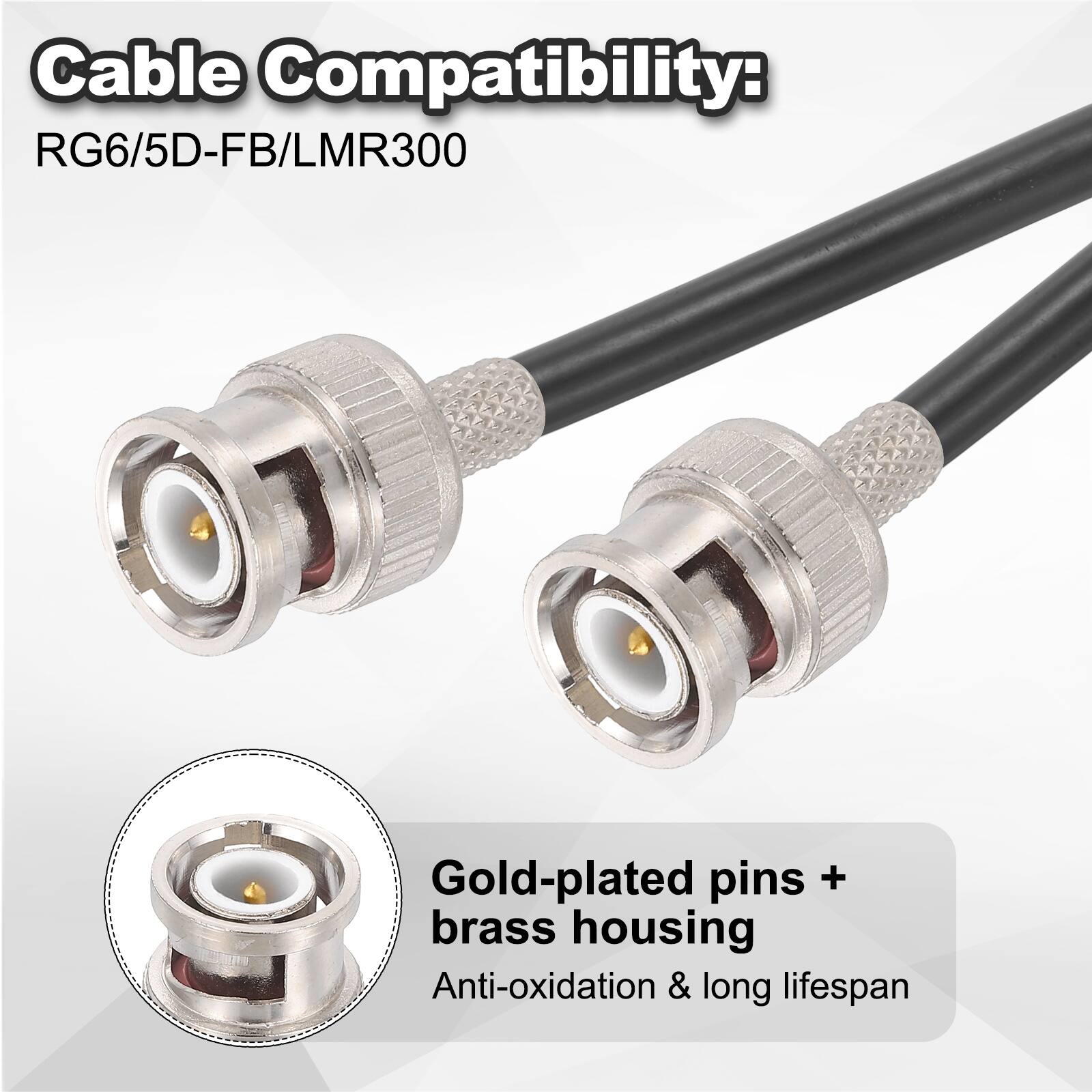 Cable Compatibility:  
RG6/5D-FB/LMR300  

Gold-plated pins + brass housing  
Anti-oxidation & long lifespan