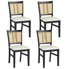 Costway - Farmhouse Rattan Dining Chair Set of 4 Fabric Upholstered Kitchen Chairs - Black,White
