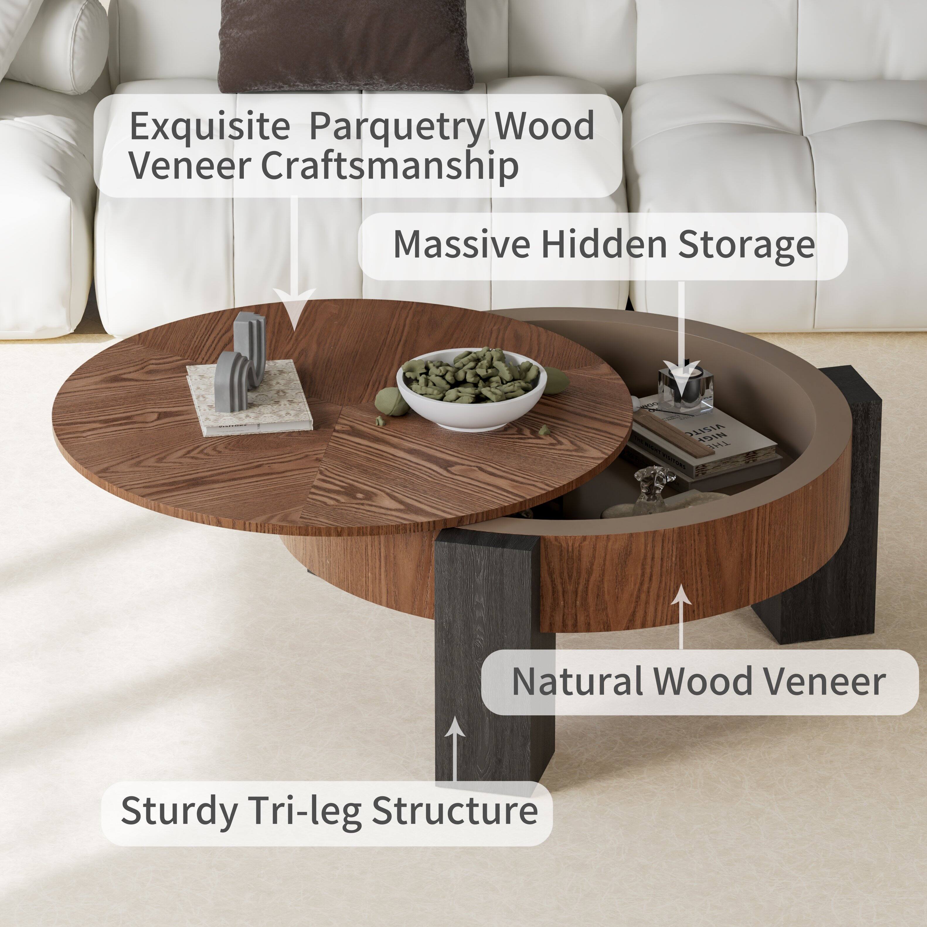 Exquisite Parquetry Wood Veneer Craftsmanship  
Massive Hidden Storage  
Natural Wood Veneer  
Sturdy Tri-leg Structure