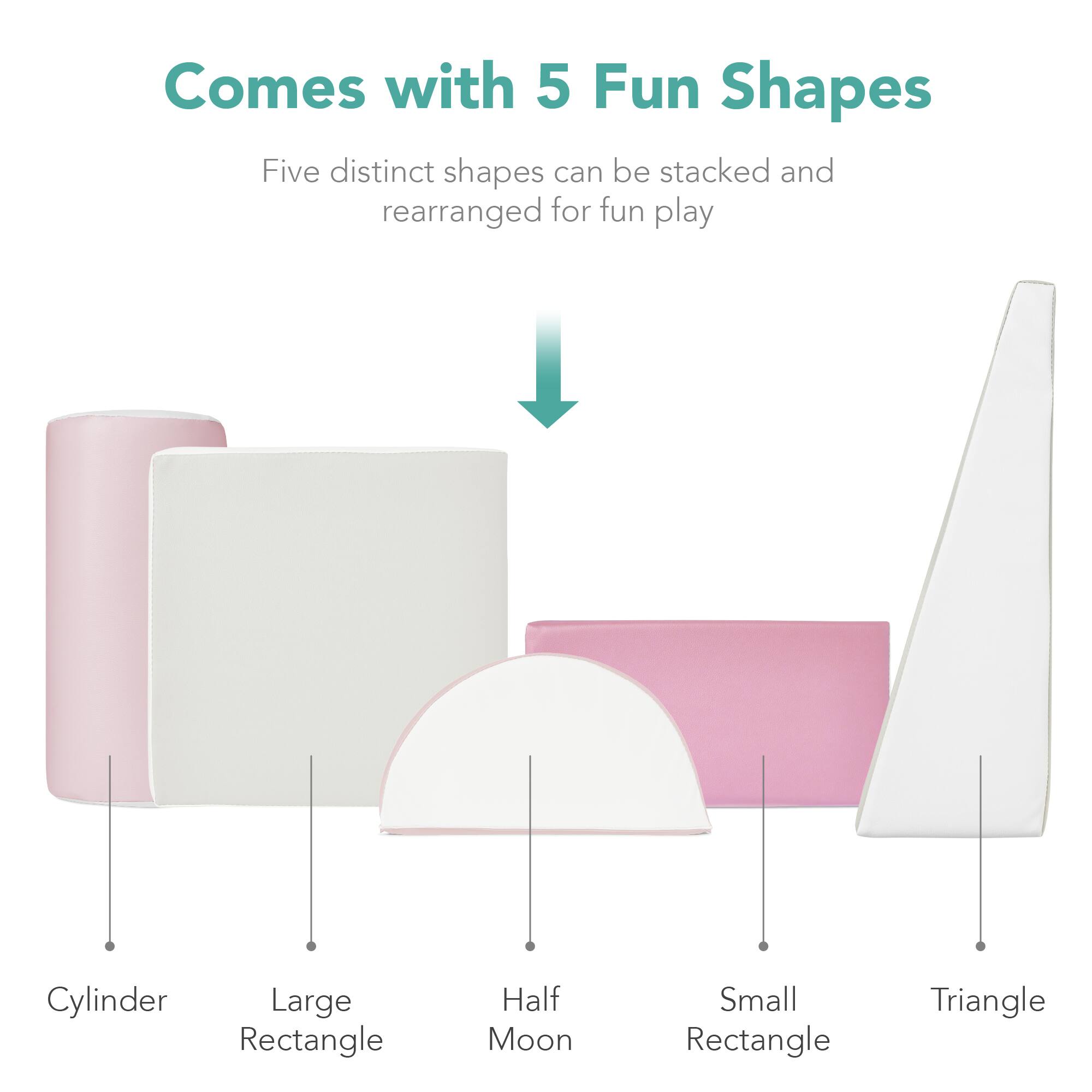 The text in the image can be grouped and corrected as follows:

**Comes with 5 Fun Shapes**

Five distinct shapes can be stacked and rearranged for fun play.

- Cylinder
- Large Rectangle
- Half Moon
- Small Rectangle
- Triangle
