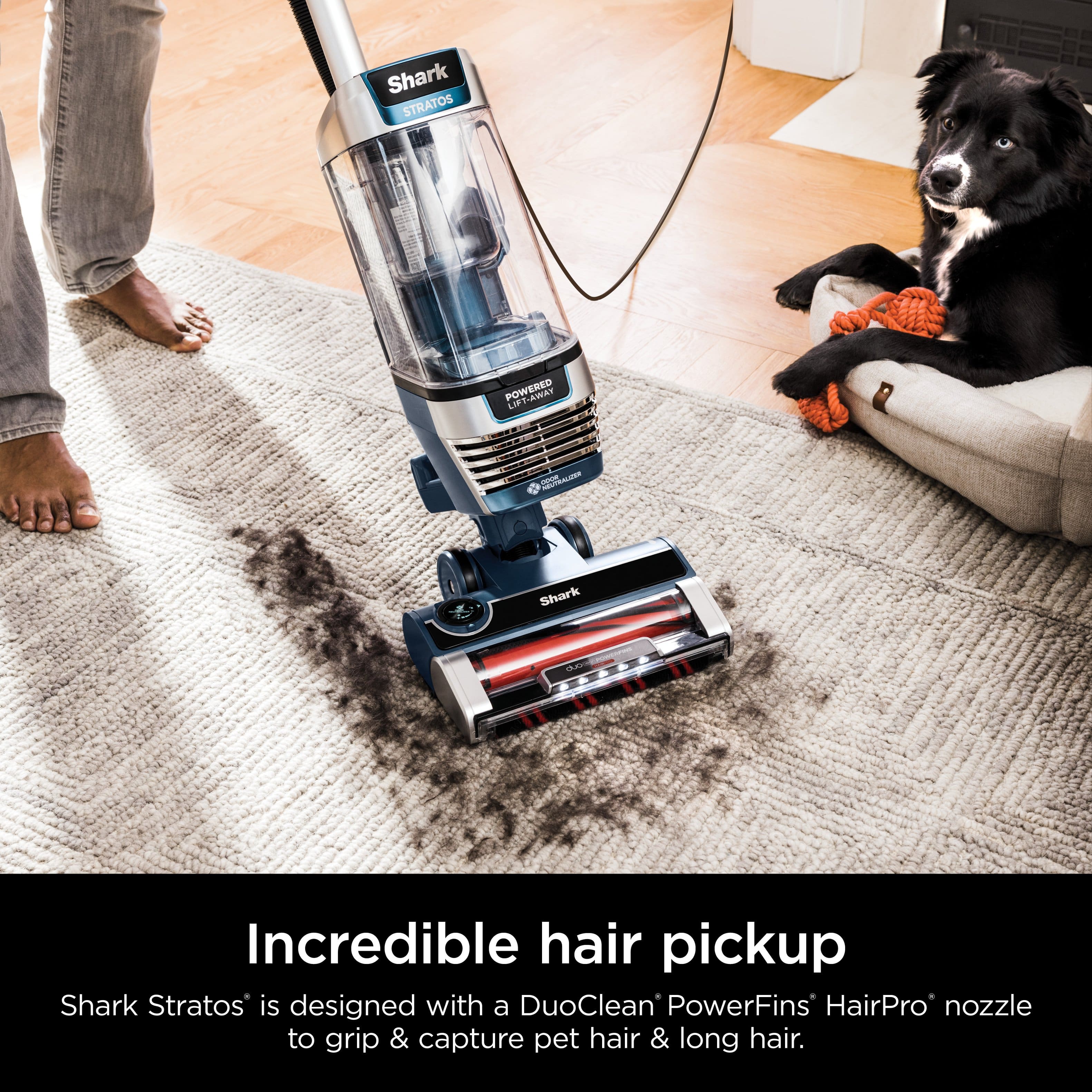 Shark Stratos is designed with a DuoClean PowerFins HairPro nozzle to grip and capture pet hair and long hair.