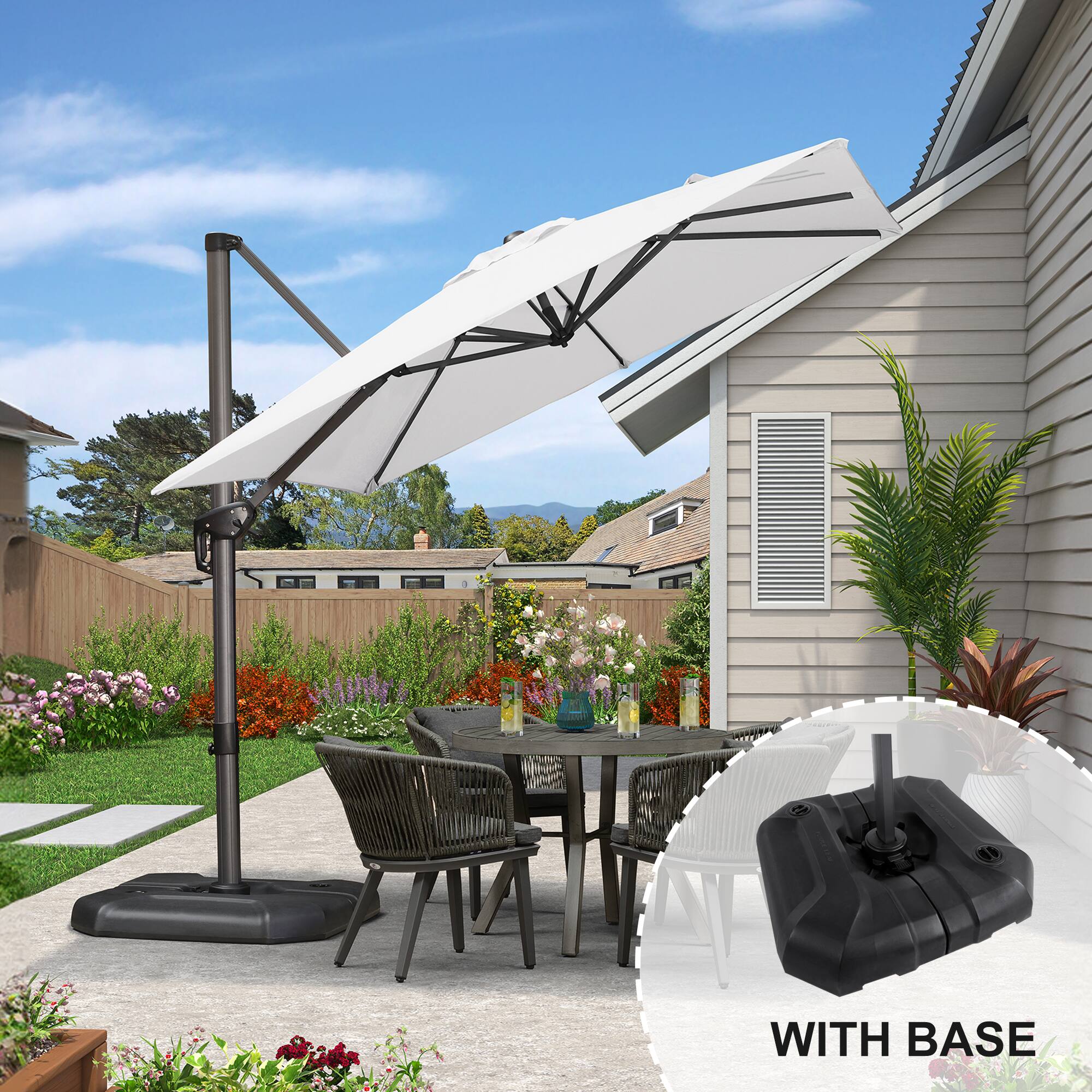 PURPLE LEAF - 8 ft. Square Aluminum Outdoor Patio Cantilever Umbrella Offset 360° Rotation Umbrella with Base for Garden Deck Pool - White