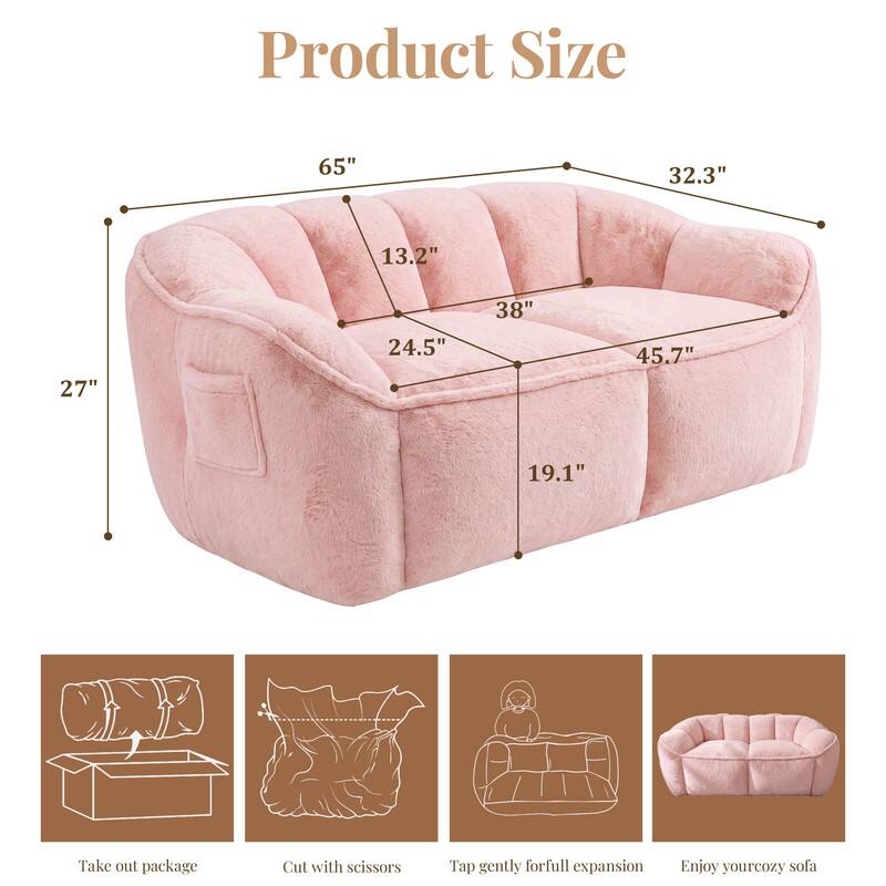 Product Size
65"
32.3"
13.2"
38"
27"
24.5"
45.7"
19.1"

Take out package
Cut with scissors
Tap gently for full expansion
Enjoy your cozy sofa