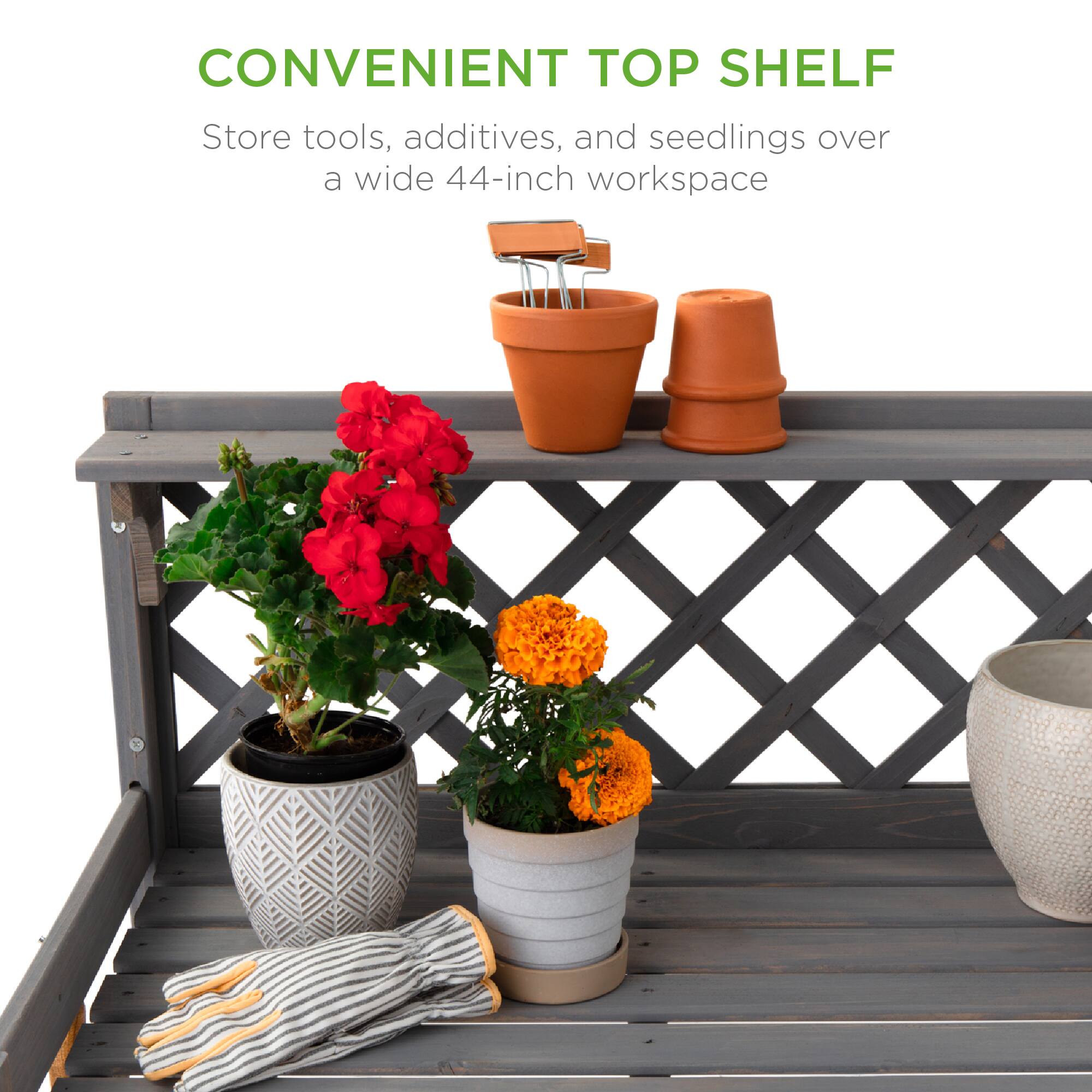 CONVENIENT TOP SHELF

Store tools, additives, and seedlings over a wide 44-inch workspace