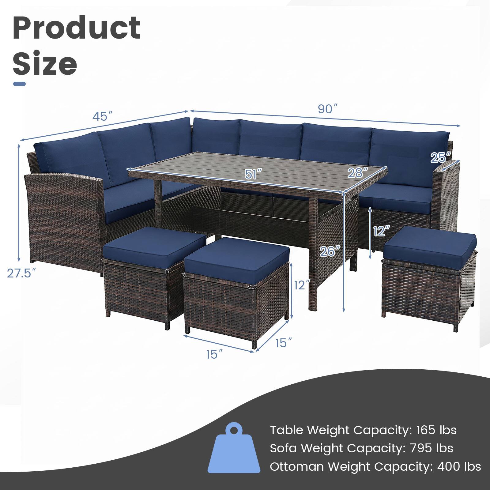 Product Size
45"
90"
51"
28"
25"
27.5"
26" 12"
12"
15"
15"

Table Weight Capacity: 165 lbs
Sofa Weight Capacity: 795 lbs
Ottoman Weight Capacity: 400 lbs
