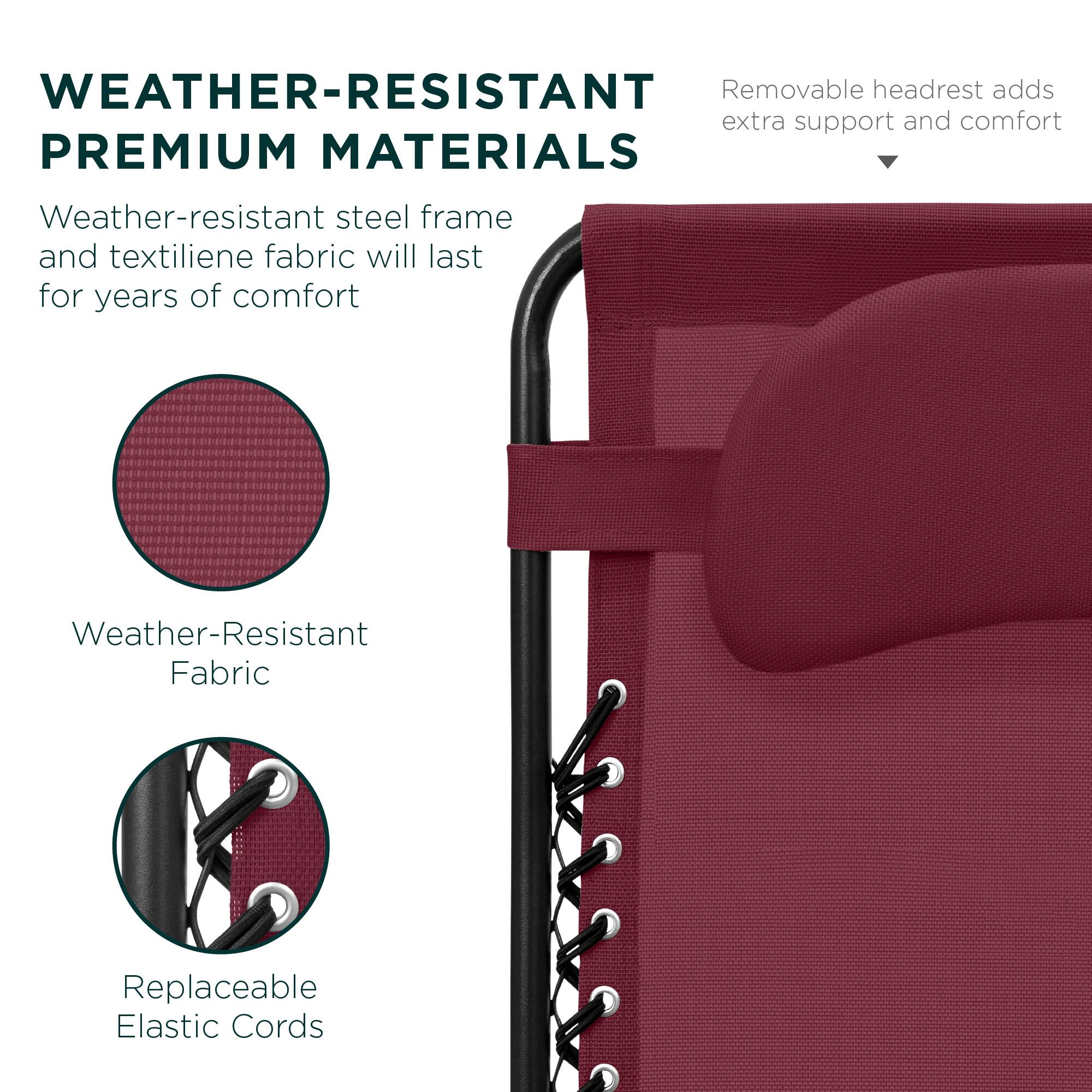 **WEATHER-RESISTANT PREMIUM MATERIALS**

Weather-resistant steel frame and textilene fabric will last for years of comfort

- Weather-Resistant Fabric
- Replaceable Elastic Cords

Removable headrest adds extra support and comfort