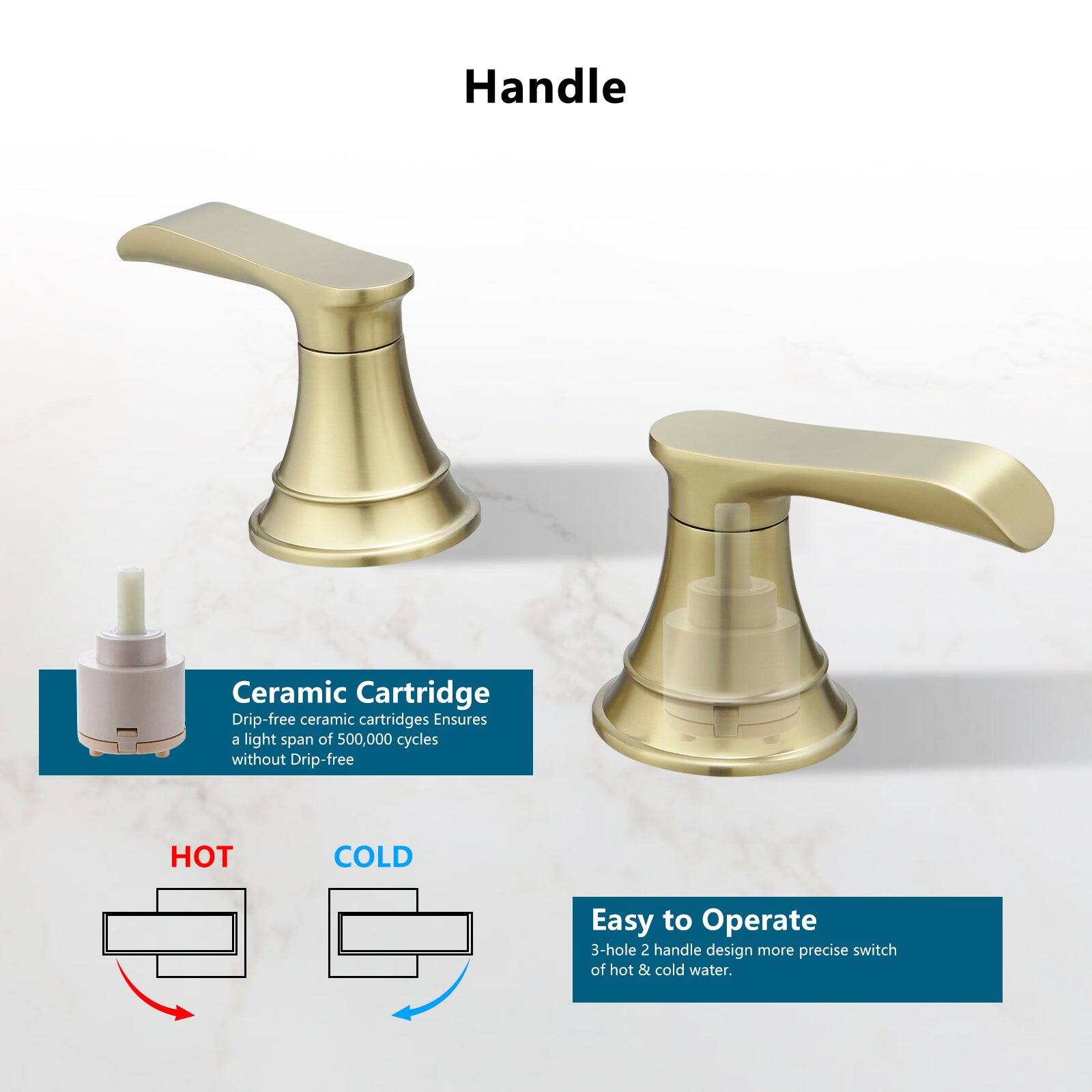 Handle

Ceramic Cartridge  
Drip-free ceramic cartridges ensure a light span of 500,000 cycles without Drip-free

Easy to Operate  
3-hole 2 handle design more precise switch of hot & cold water.