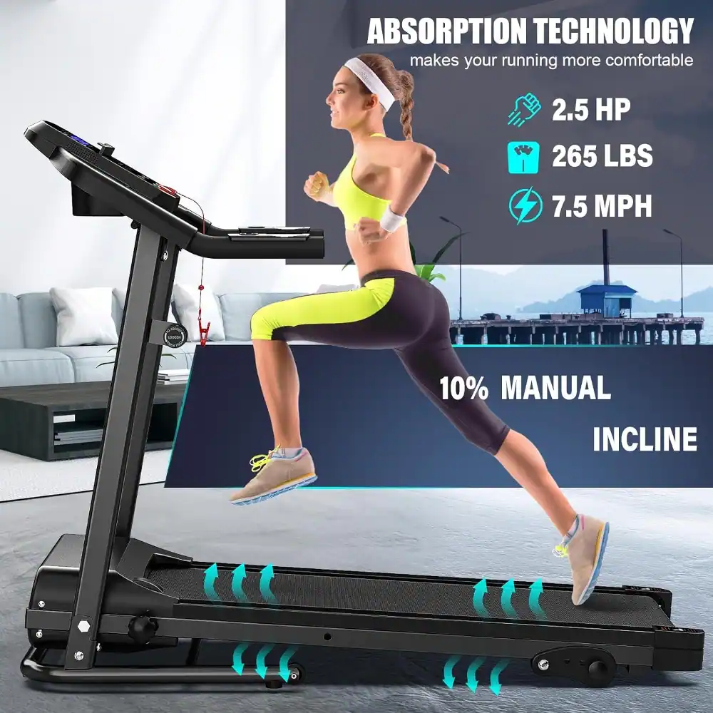 ABSORPTION TECHNOLOGY makes your running more comfortable  
2.5 HP  
265 LBS  
7.5 MPH  
10% MANUAL INCLINE