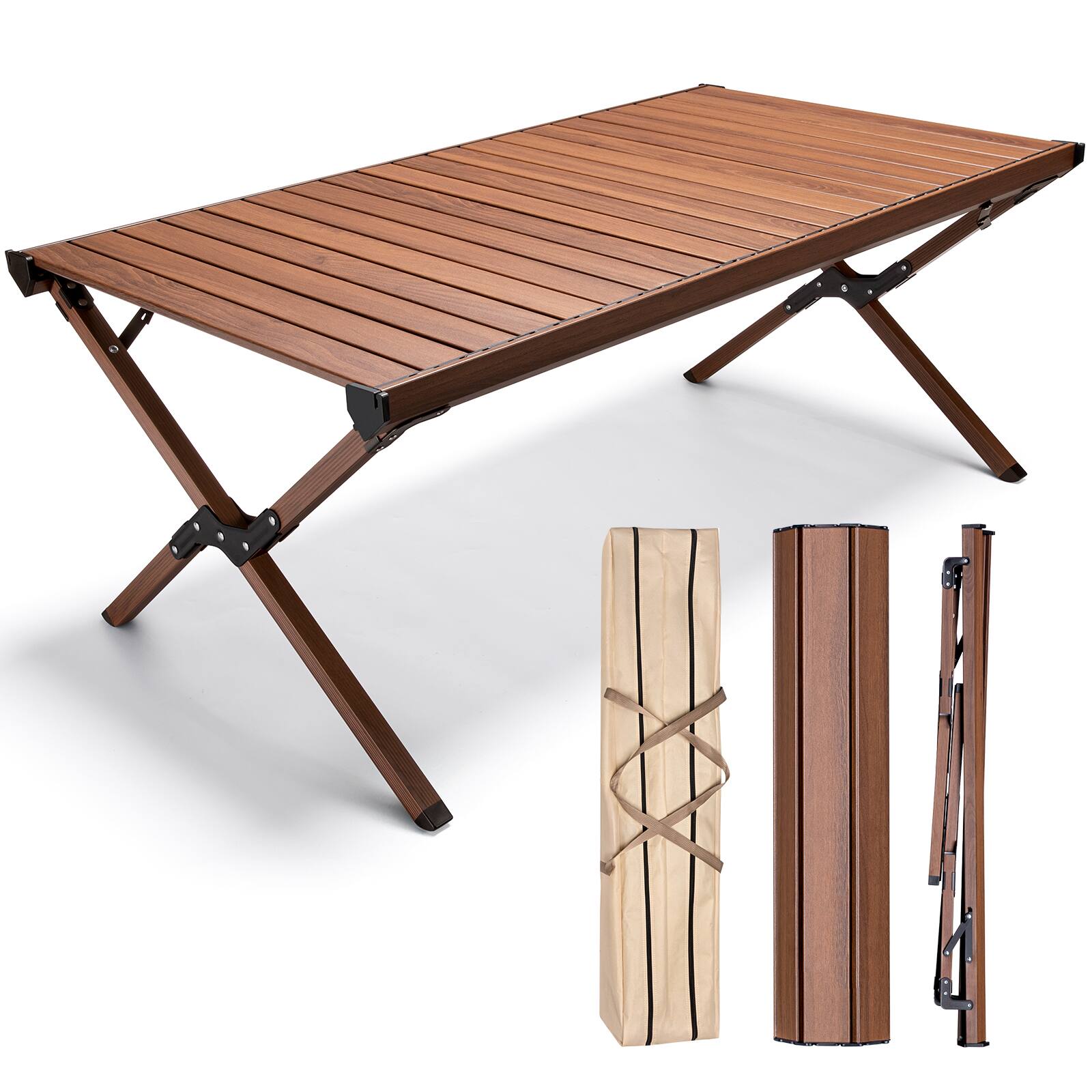 Front. SKONYON - 47in Portable Aluminum Camping Table, Lightweight Foldable with Storage Bag, 110 lbs Capacity - Brown.