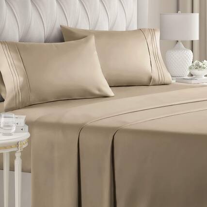 Front. CGK Linens - Luxury Soft 4 Piece Solid Bed Sheet Set - Deep Pocket Fits 8"-16" Mattresses - King - Cream.