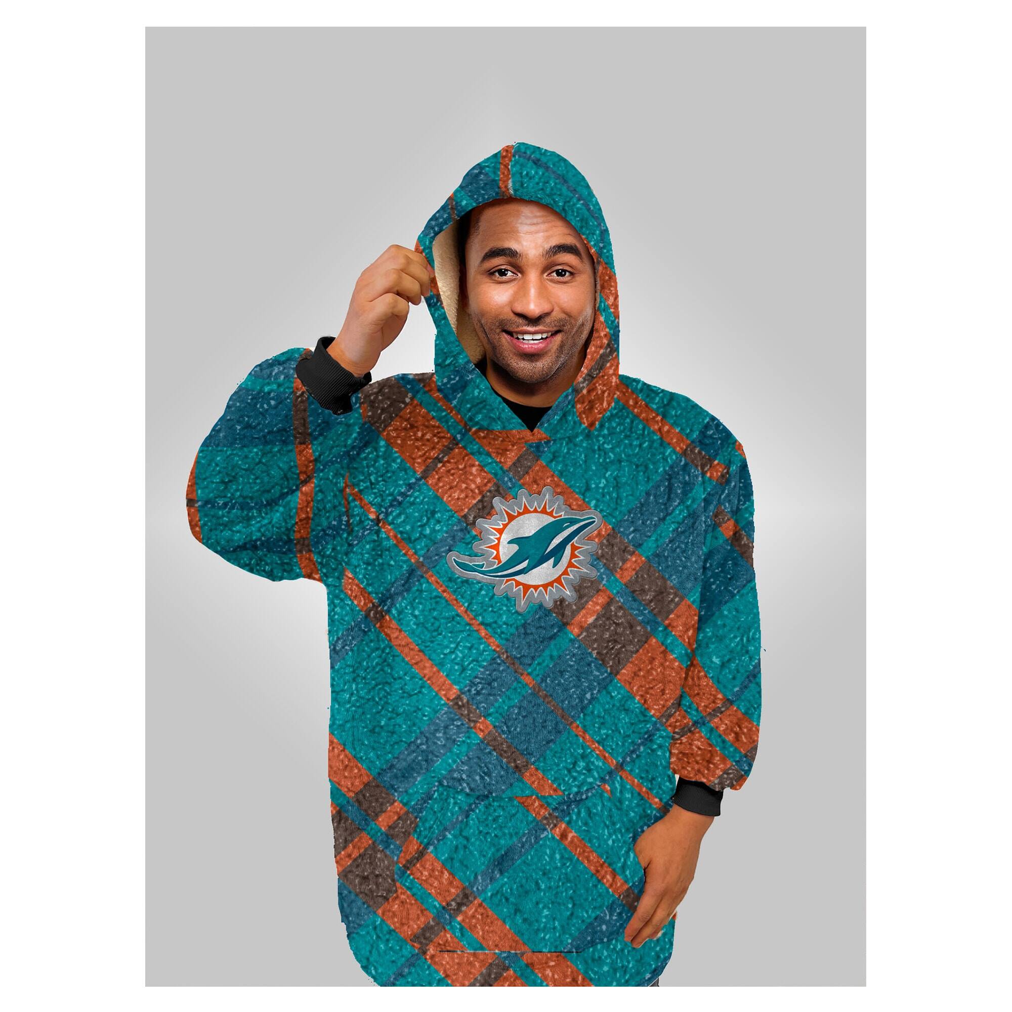Alt View 1. Pegasus - Miami Dolphins 34" x 34" Digital Dash Sherpa Hooded Fan Cape - Multicolor.