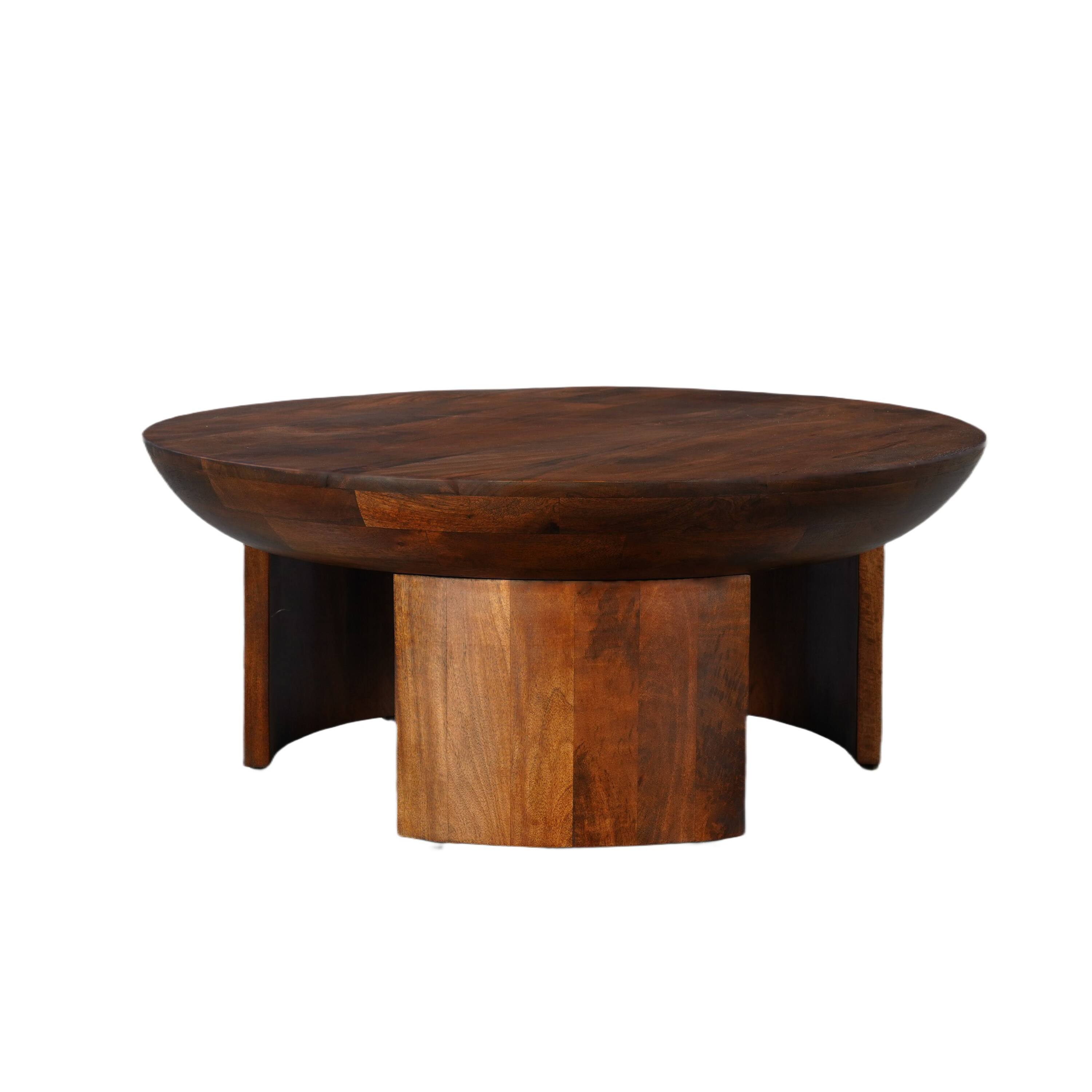 Angle. Manhattan Lane - 35 Inch Coffee Table, Handcrafted Round Mango Wood Top, Modern Curved Tripod Legs - Brown.