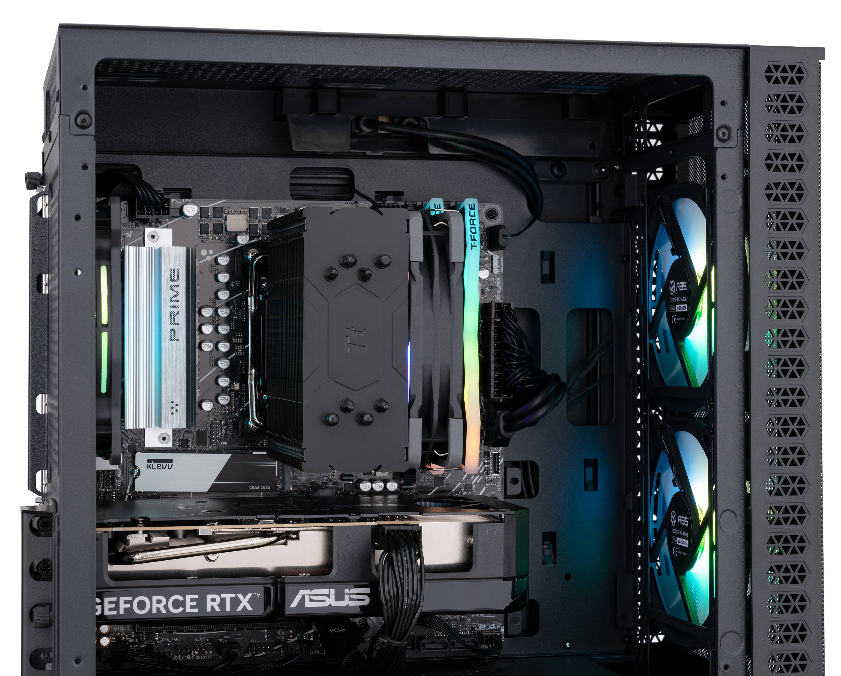 The text in the image appears to be a mix of components and brands. Here's the corrected and grouped text:

- **PRIME**
- **KLEVV**
- **GEFORCE RTX**
- **ASUS**

These are likely referring to the motherboard, RAM, graphics card, and brand of the components in the computer.