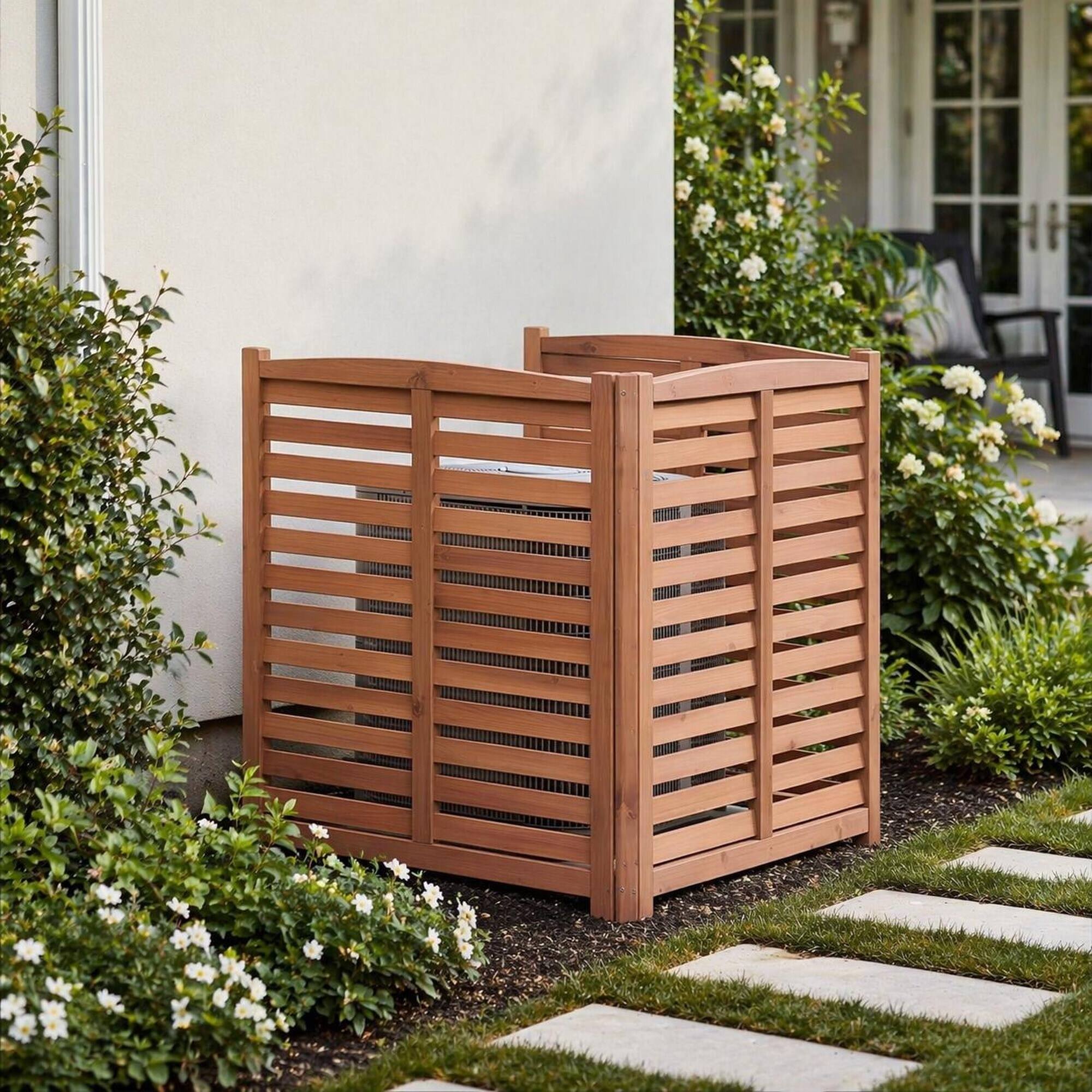 Left. RYHNUYNE - 3-Panel Outdoor Wood Privacy Screen for Air Conditioner, 32 by 38 Inch Solid Wood Fence with Ventilated Slat - Brown.