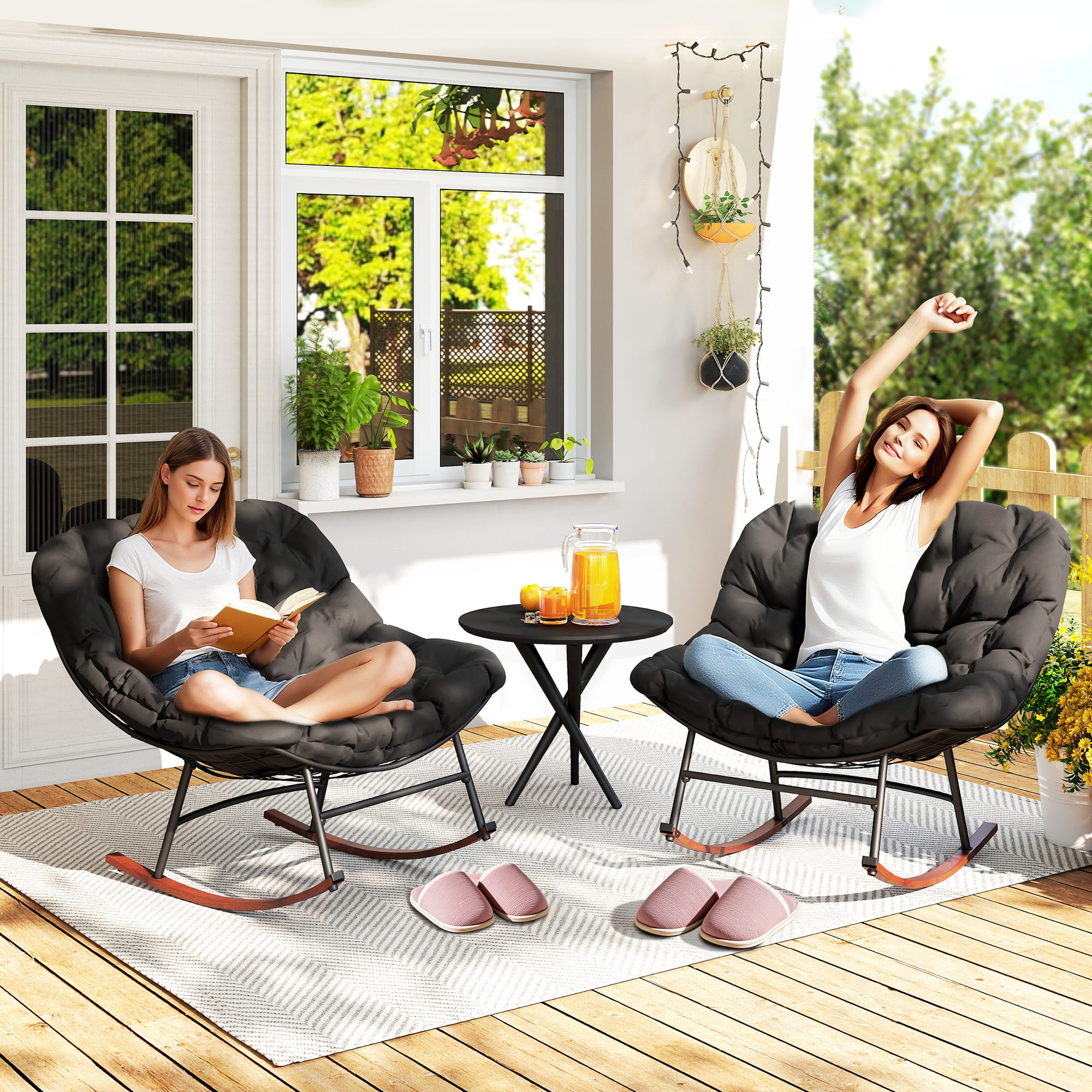 Outsunny - Rocking Chair Patio Set of 2, Oversized Rocking Papasan Chairs with Cushions for Garden Porch - Black