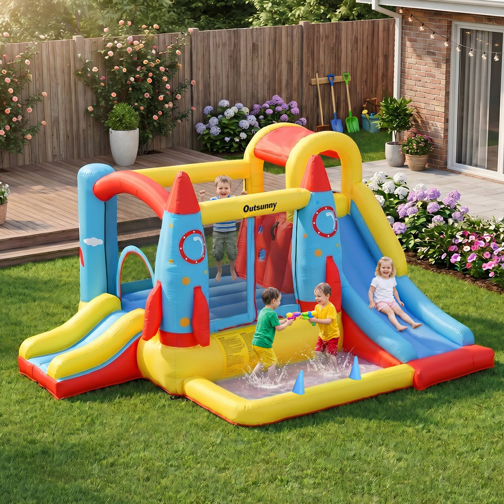 Left. Loheer - Loheer Kids Bounce House Inflatable Water Slide Jumping Castle with Blower Trampoline Pool and Climbing Wall.