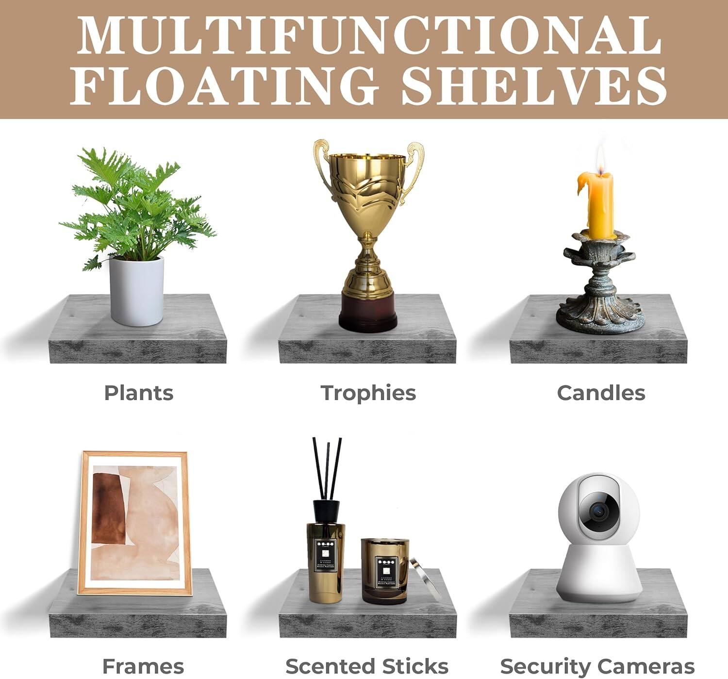 MULTIFUNCTIONAL FLOATING SHELVES * Plants Trophies Candles Frames Scented Sticks Security Cameras