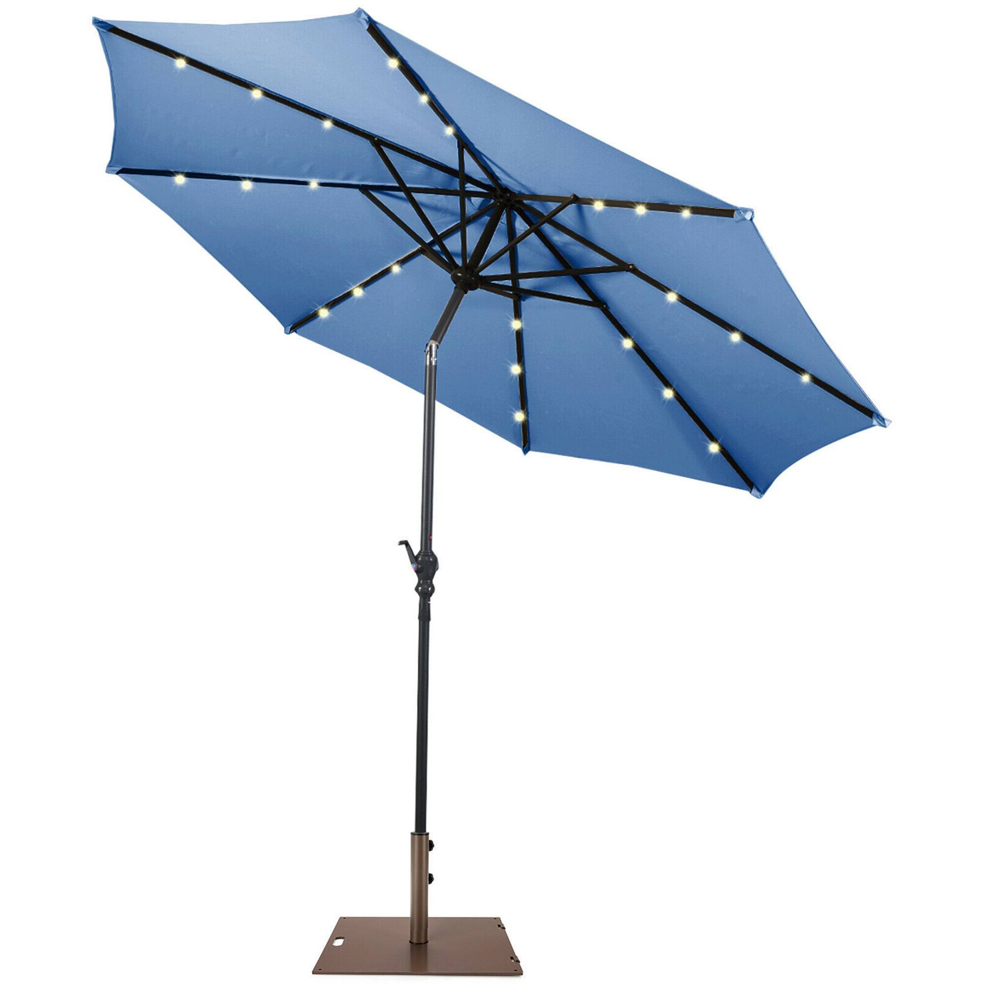 Front. Gymax - Gymax 10 Ft Patio Table Market Umbrella w/ 24 Solar LED Lights & Heavy-duty Base Blue - Blue.