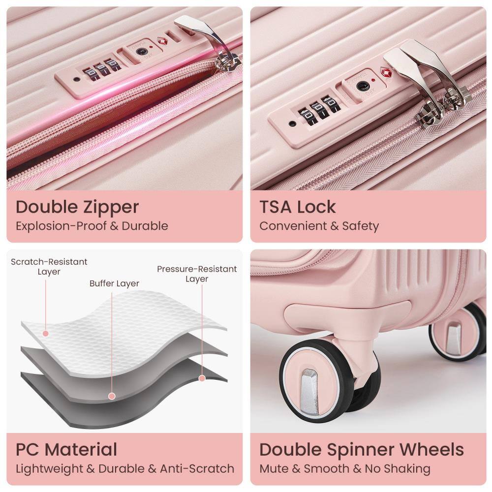 1. Double Zipper  
   Explosion-Proof & Durable

2. TSA Lock  
   Convenient & Safety

3. PC Material  
   Lightweight & Durable & Anti-Scratch

4. Double Spinner Wheels  
   Mute & Smooth & No Shaking

5. Scratch-Resistant Layer  
   Pressure-Resistant Layer  
   Buffer Layer