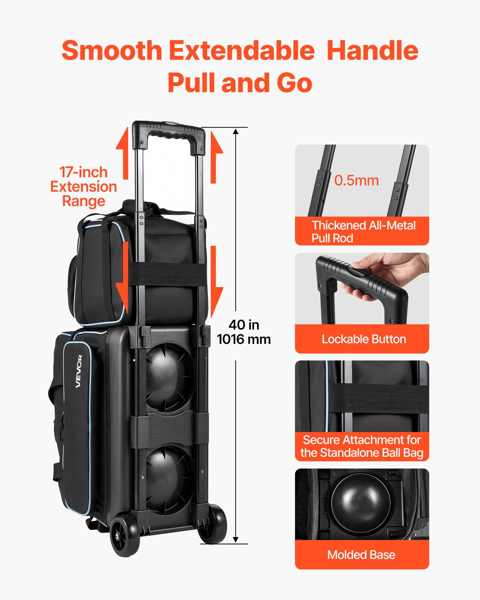 Smooth Extendable Handle Pull and Go

17-inch Extension Range

0.5mm Thickened All-Metal Pull Rod

VEVOR

40 in 1016 mm

Lockable Button

Secure Attachment for the Standalone Ball Bag

Molded Base