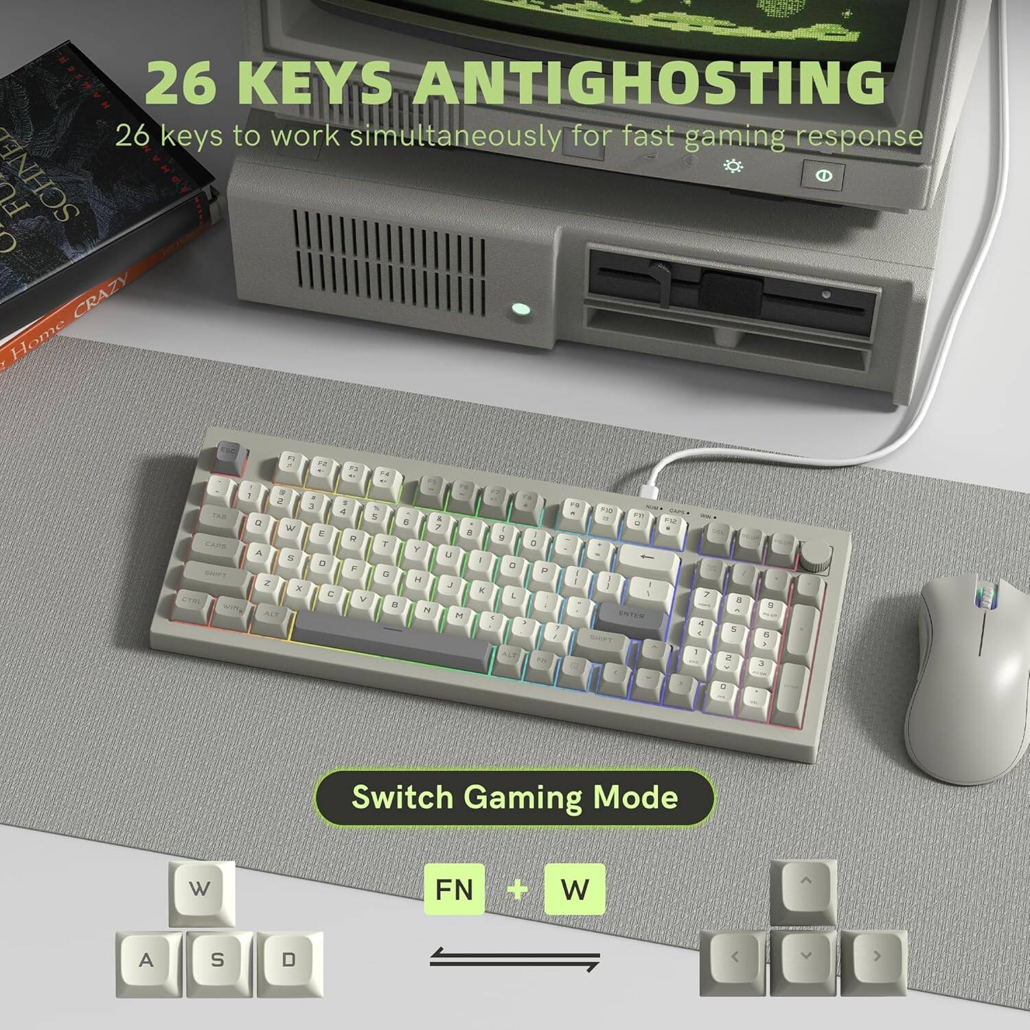 26 KEYS ANTIGHOSTING  
26 keys to work simultaneously for fast gaming response  

Switch Gaming Mode  
FN + W